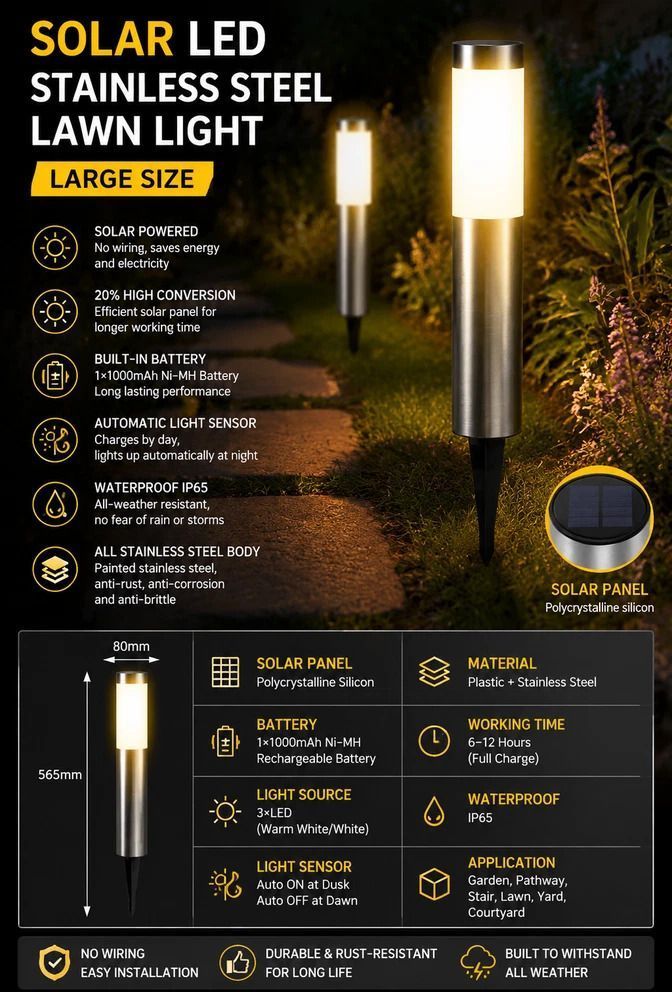 Large Silver Cool White Solar LED Stainless Steel Lawn Light — image 2