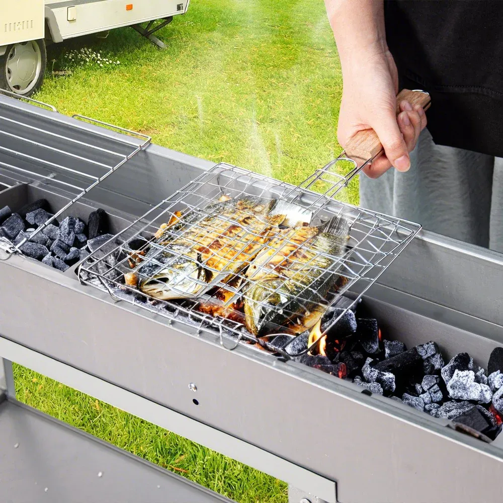 Portable Charcoal Grill Rectangular Folding Stainless Steel BBQ Grill L100xW18cm For Skewer and Kebabs with Storage Shelf Outdoor Camping Patio Cooking — image 4
