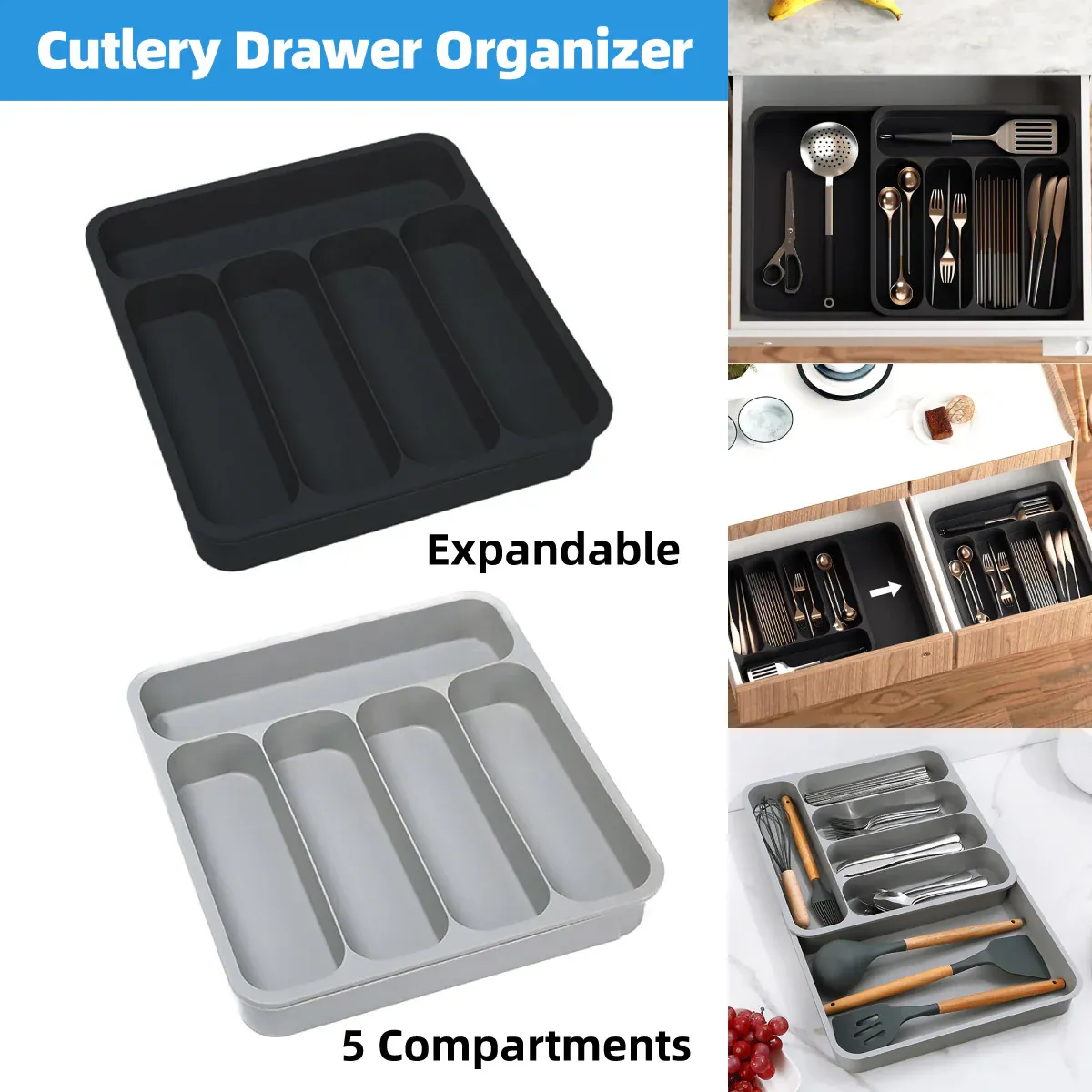 Expandable Cutlery Drawer Organizer Adjustable 6 Slot Kitchen Utensil Tray - Grey — image 2