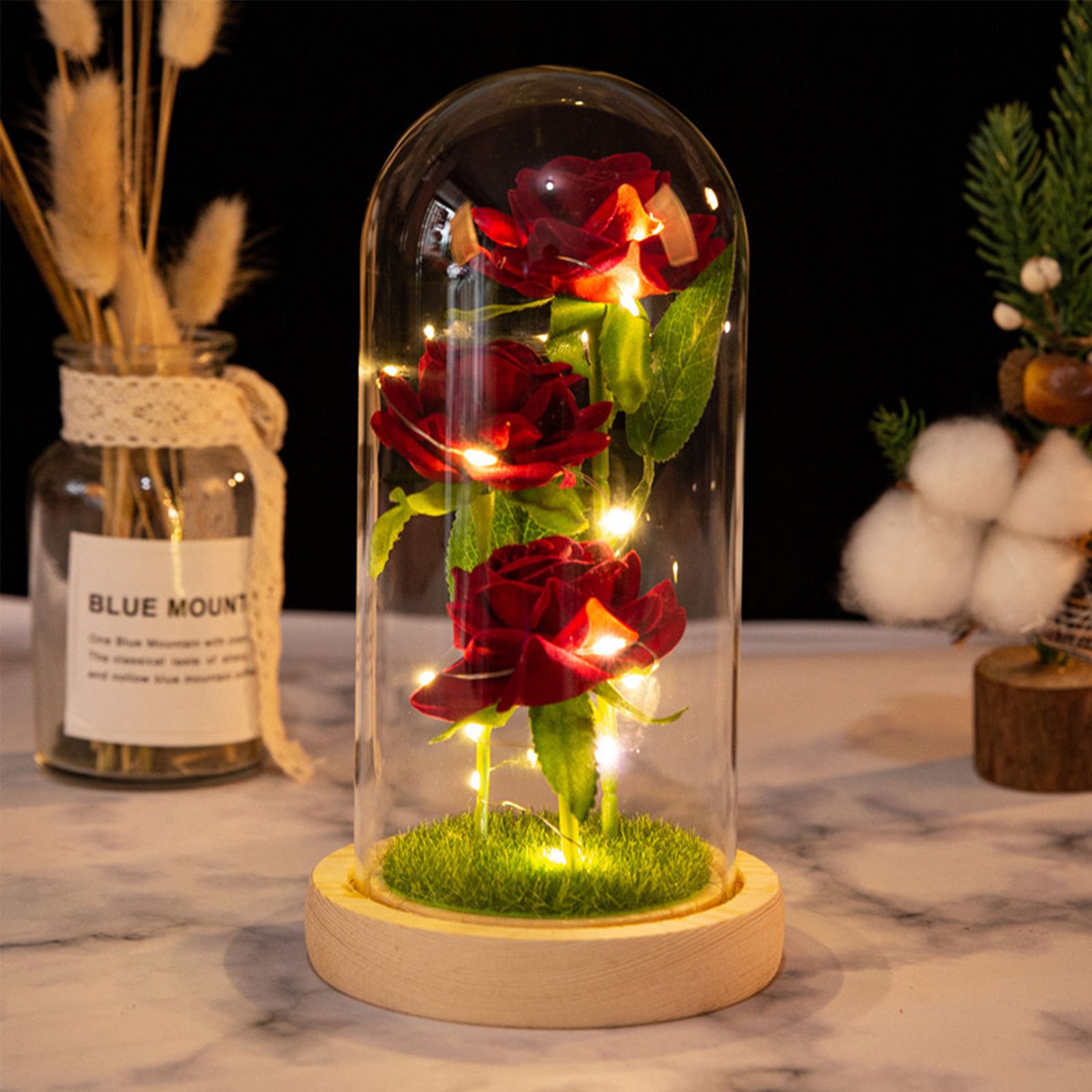 Glass Dome Rose Ornament LED Strip Light Blessing Romantic Glass Cover Artificial Flowers for Girlfriend — image 4