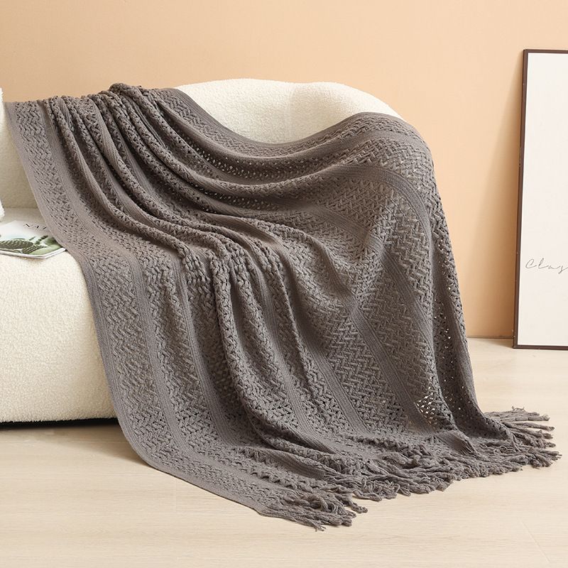 Dark grey Elegant Openwork Knitted Throw Blanket with Tassels - 127 × 180cm Large Decorative Soft Sofa Blanket for Living Room & Bedroom - Breathable Cozy