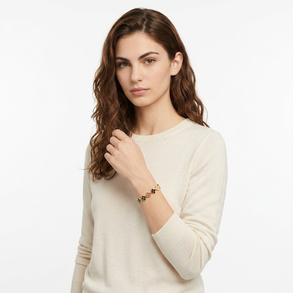 Gold and Color Four-Leaf Clover Zircon Bracelet - Gold-Tone Alloy Lucky Charm Wristband with Full Crystal Pave, 22cm Elegant Fashion Jewellery for Women — image 5