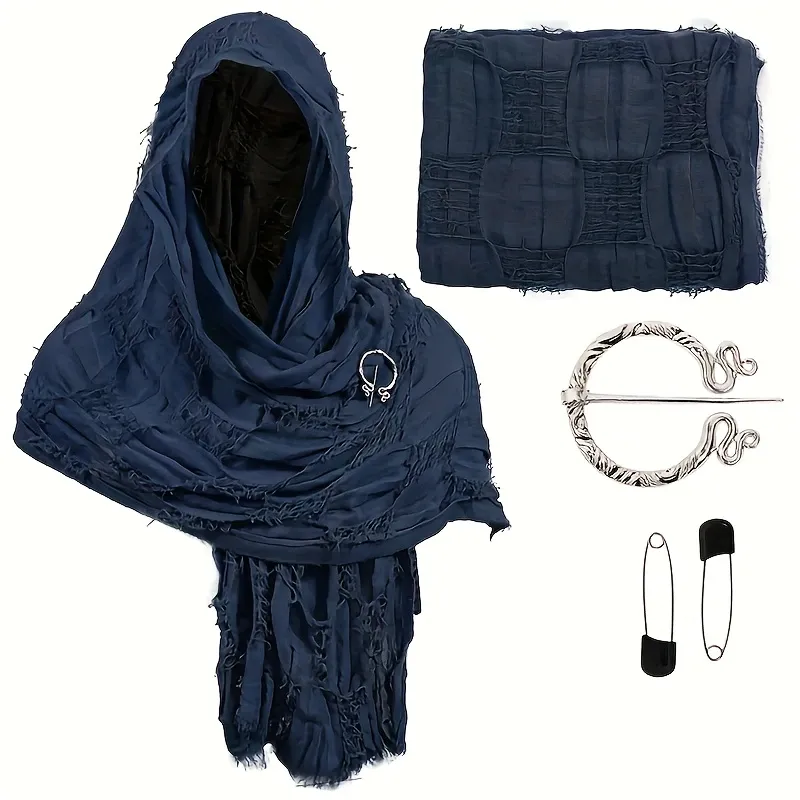 Distressed Linen Blend Shawl Grunge Fringe Scarf, Celtic Retro Unisex Bohemian Wrap with Brooch for Fall Winter./dark blue