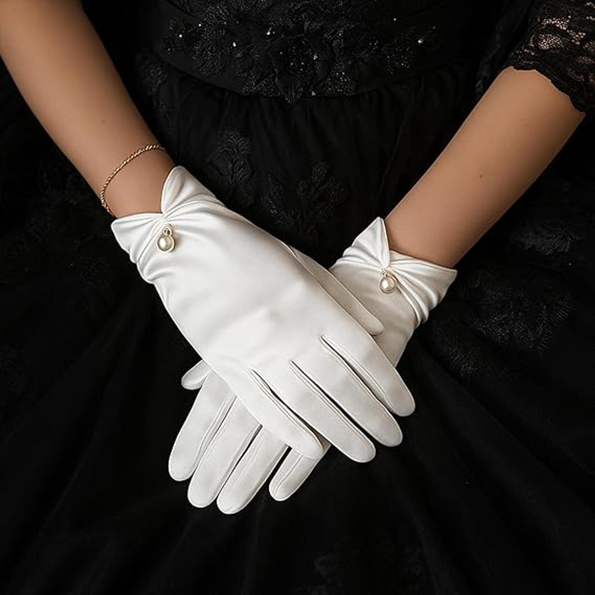 Gloves - Short satin gloves - Pearl glove - Wedding gloves - Satin tea party glove for ladies - Opera gloves - for tea party, tuxedo, dancing, wedding - 22*8 โ image 5