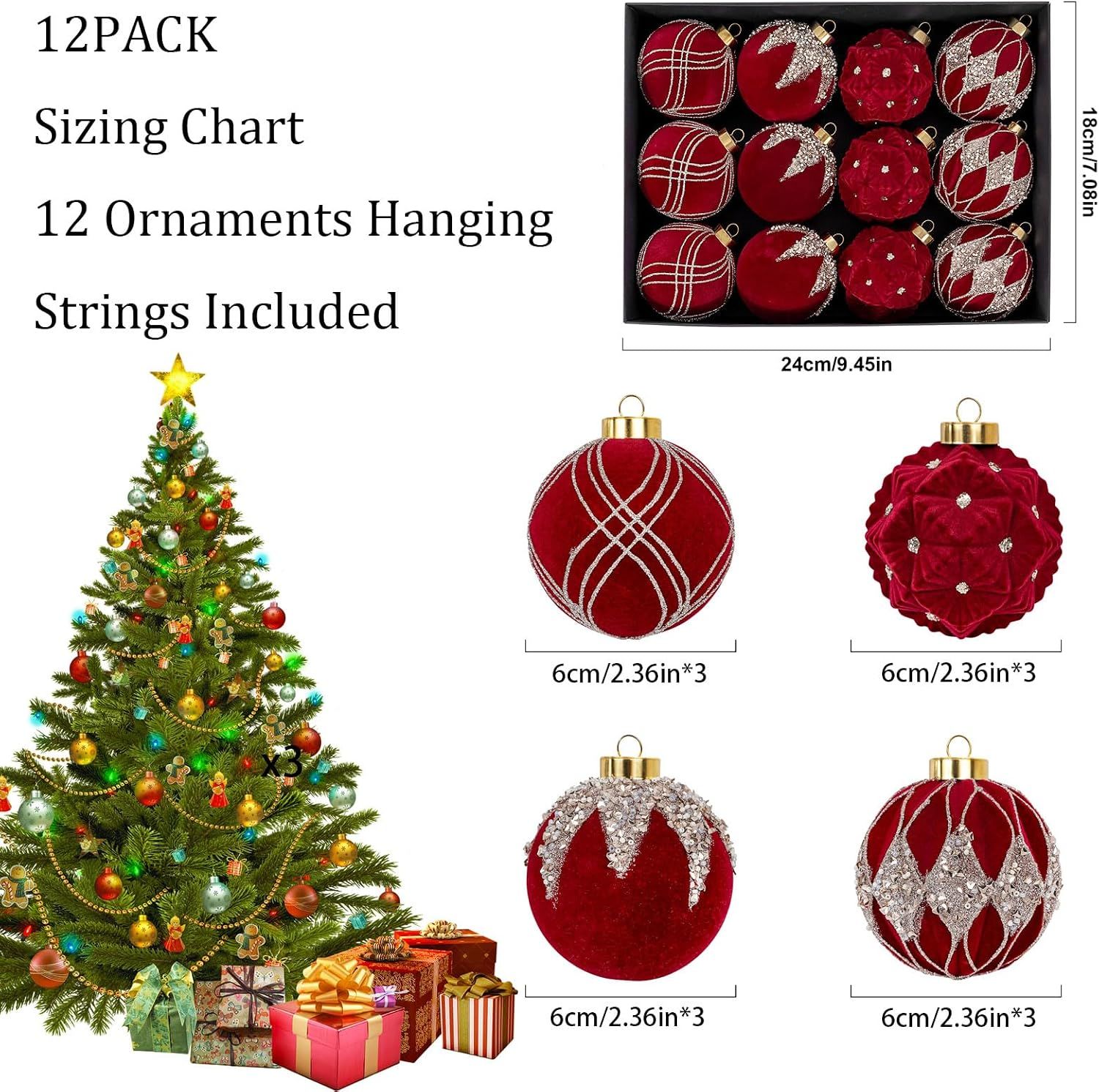 12PCS Burgundy Velvet Christmas Ornaments - Red Christmas Balls - 80mm Glitter Tree Decoration, Gift Box โ image 2