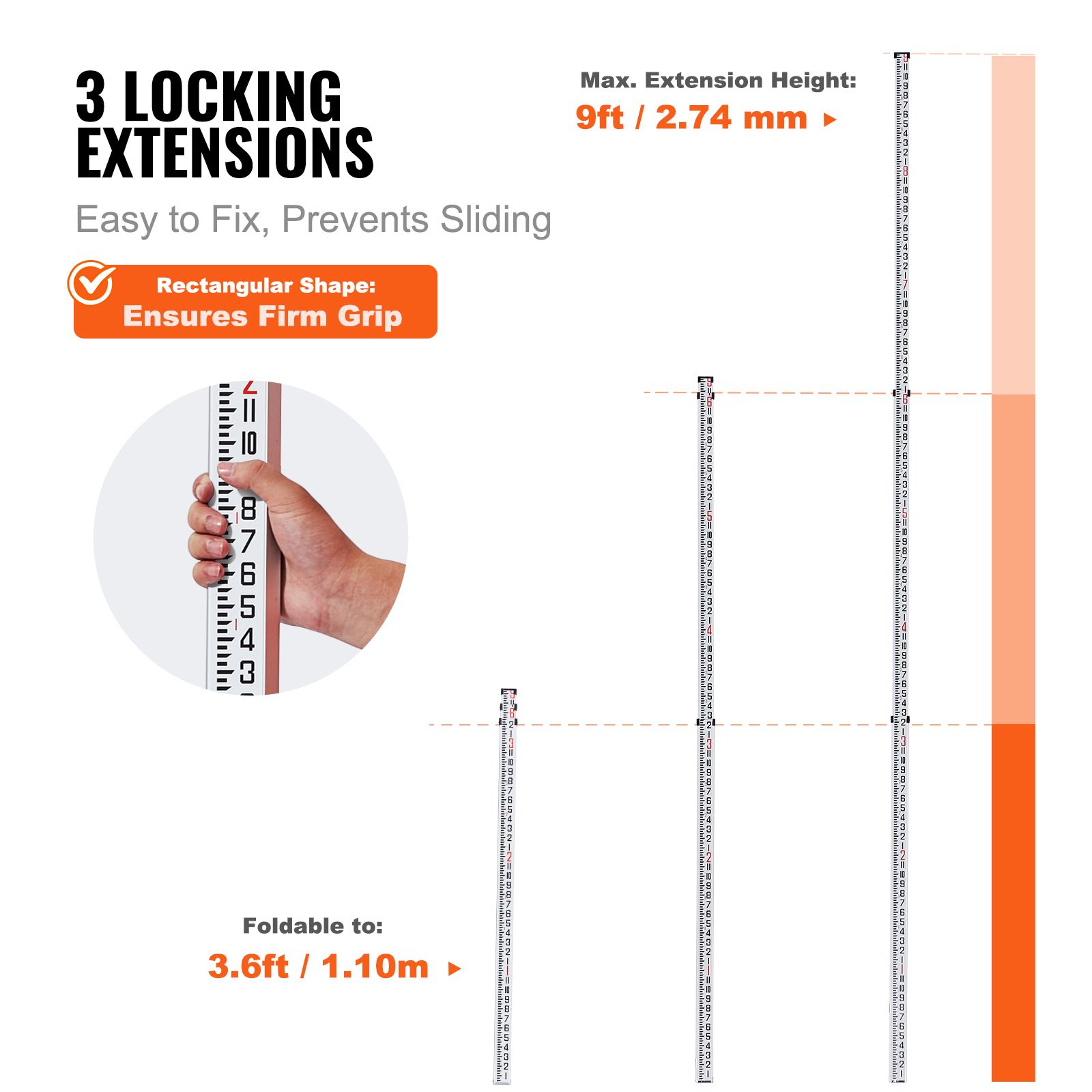 Aluminum Grade Rod, 9-Feet/8ths 3 Sections Telescopic Measuring Rod, Double-Sided Scale 1/8in Leveling Rod Stick, Aluminum Alloy Survey Rod with โ image 3
