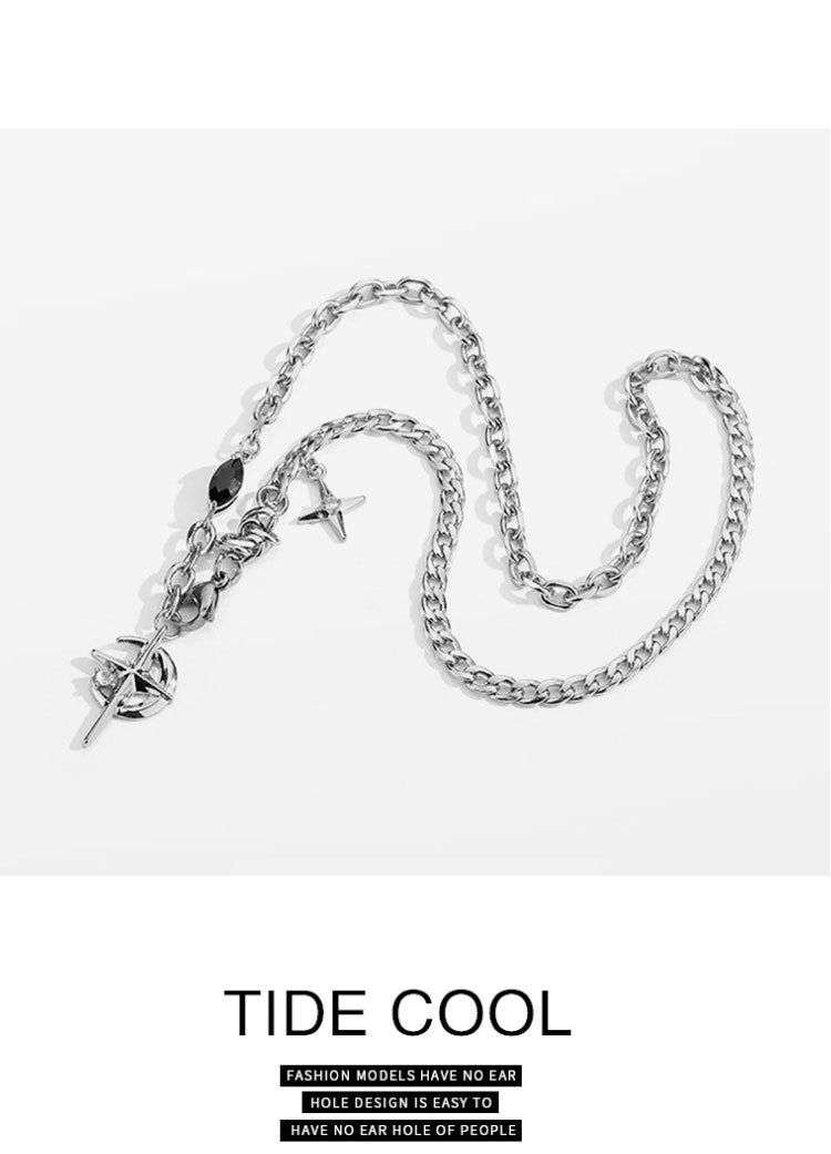Silver Hip-hop style titanium steel black gemstone spliced star cross necklace, unisex trendy streetwear design collarbone chain — image 6