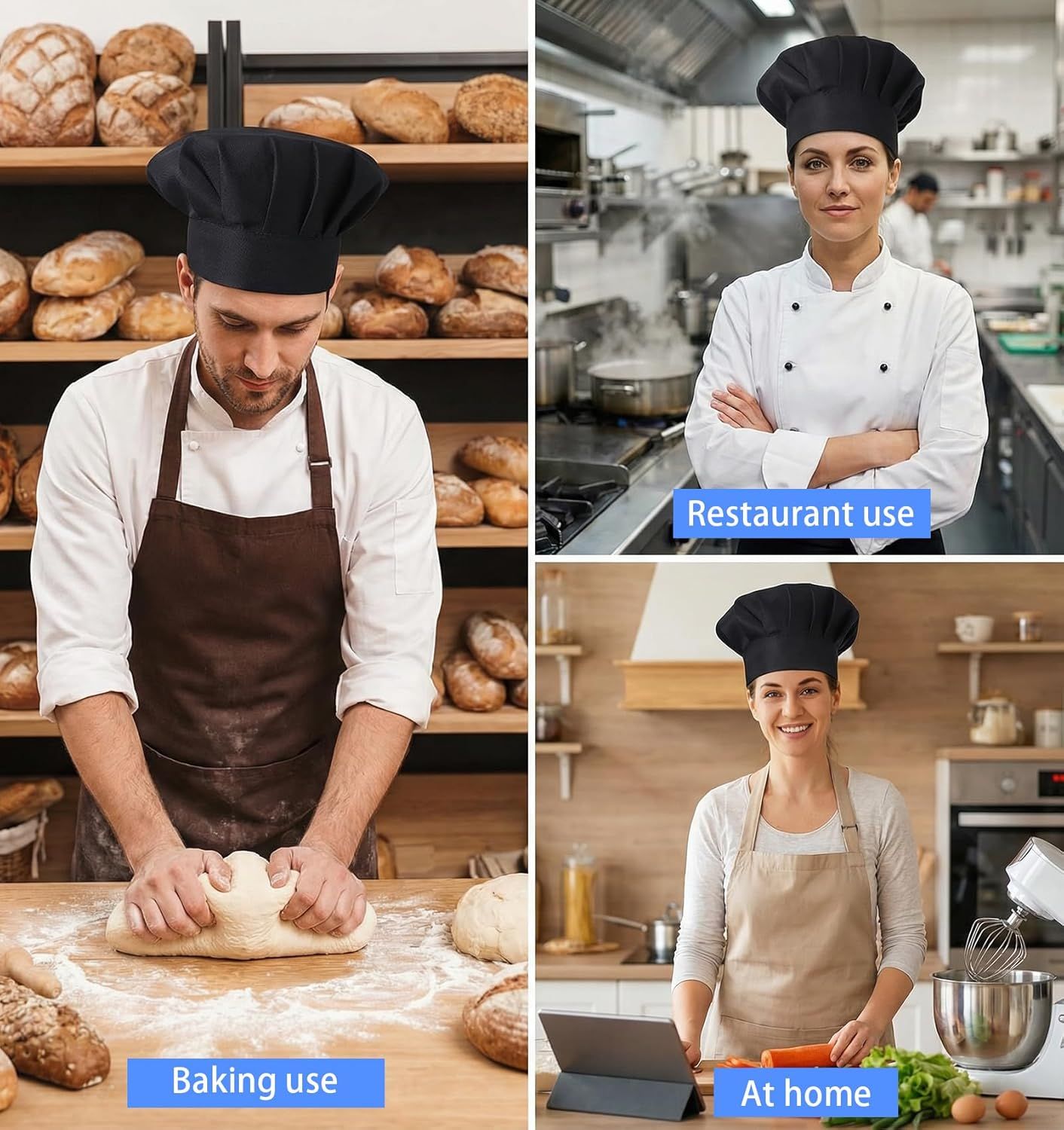 2PCS Black Chef Hat, Chef Cap for Men & Women, Breathable Baker's Hat for Cooking, Kitchen, Reusable & Washable โ image 3