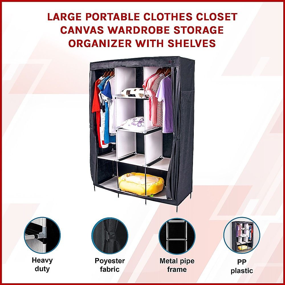 Large Portable Clothes Closet Canvas Wardrobe Storage Organizer with Shelves — image 3