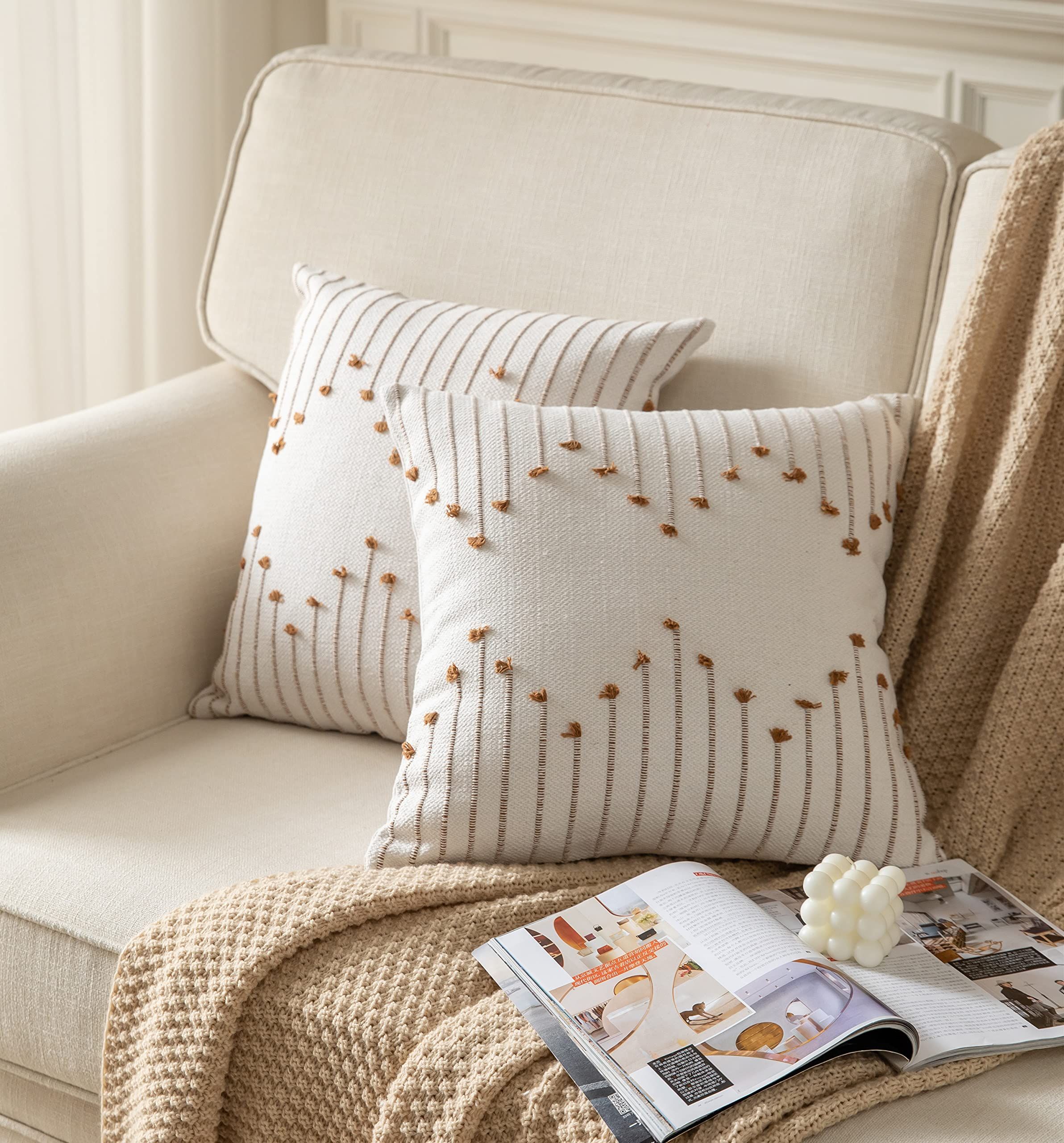 2pcs Throw Pillow Covers 18 × 18 Set of 2 Neutral Decorative Textured Cushion Case Farmhouse Pillowcase Modern,Beige and Khaki — image 2