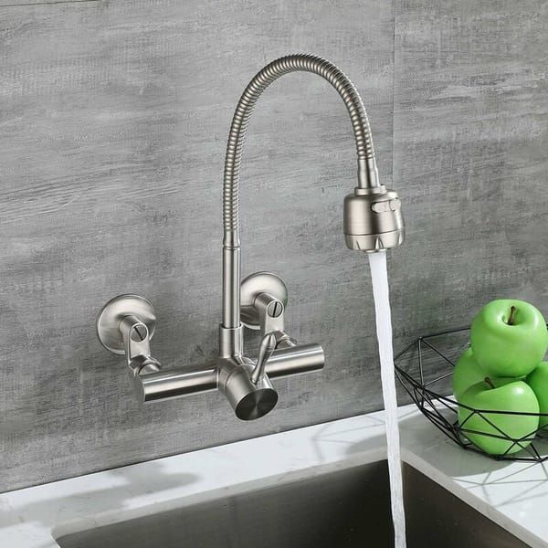 Wall Mounted Kitchen Tap, Food-Grade 304 Stainless Steel Flexible Gooseneck Faucet with 2 Spray Modes, 360° Swivel Kitchen Sink Tap, Mount Hole Distance — image 2