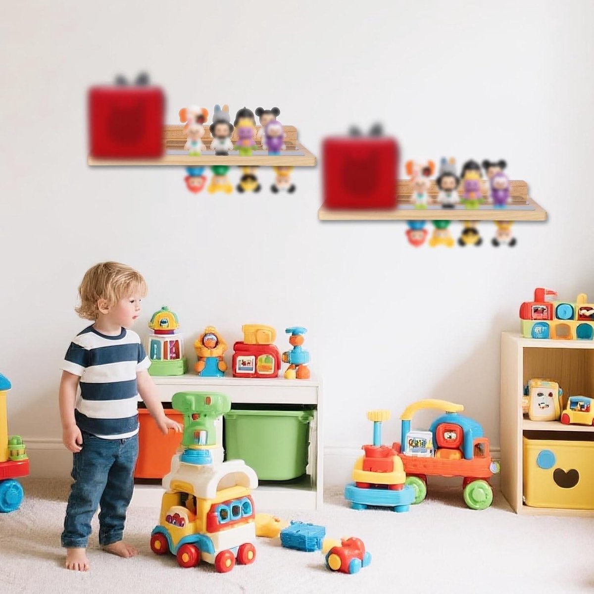 Wooden magnetic shelf for toy figures - wall mount with floating display - 1-tier organizer for children's room with charging station - storage accessories — image 3