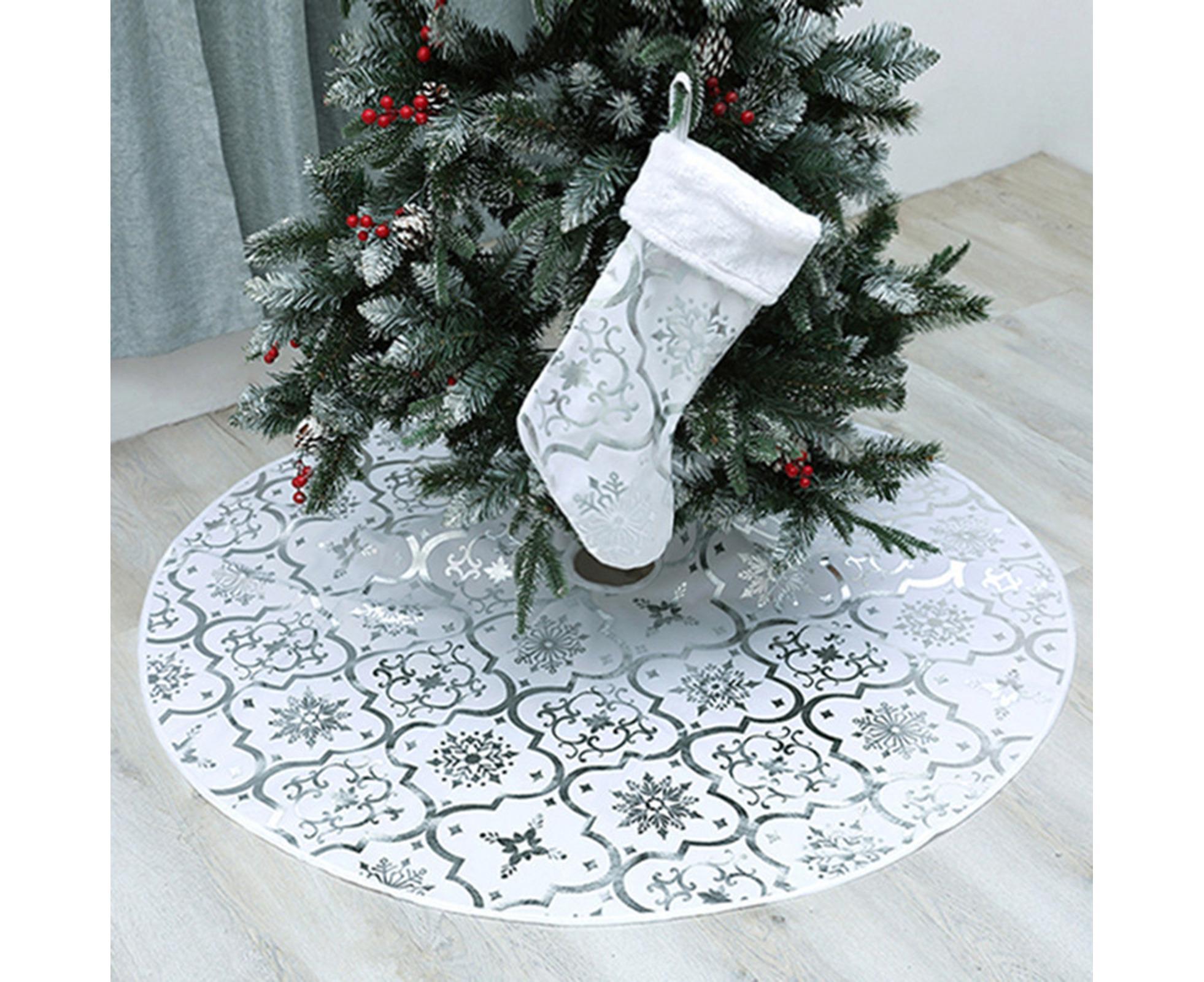 Tree Skirt Polyester Snowflake Pattern Tree Carpet-White — image 4