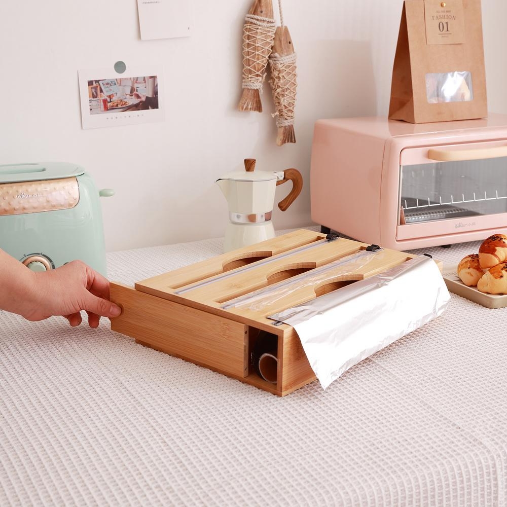 3 Grids Bamboo Food Wrap Dispenser Cutter Foil Cling Film Storage Holder Box Kitchen โ image 3
