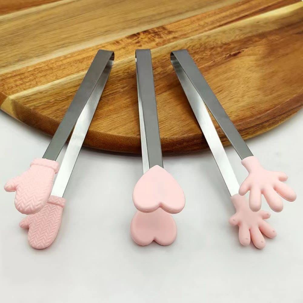 3 Pack Mini Dessert Tongs Stainless Ice Cube Clip Pink Hand Heart Glove Shape Small Non-Slip Silicone Baking Bread Tong Clips โ image 5