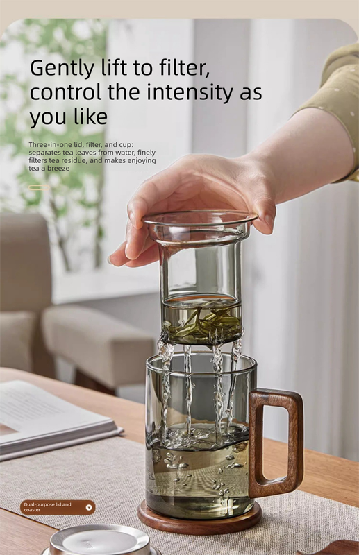 400ml Smoky Grey Borosilicate Glass Tea Mug with Infuser and Wooden Handle Loose Leaf Teacup for Office โ image 6
