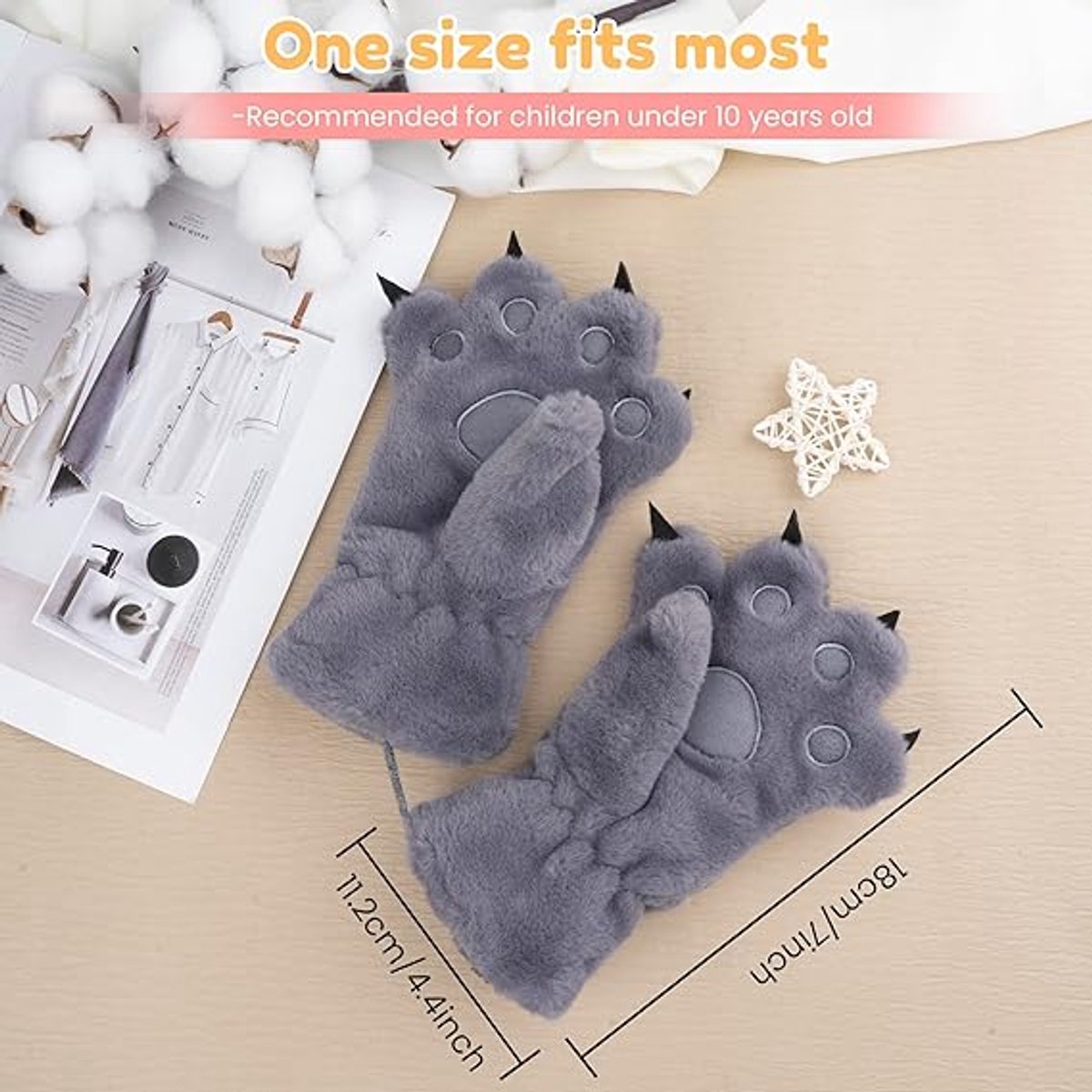 Gloves - 1 pair - Winter gloves - Cartoon gloves - Neckband - Children's gloves - Warm gloves - Plush gloves - One size(Gray) — image 5