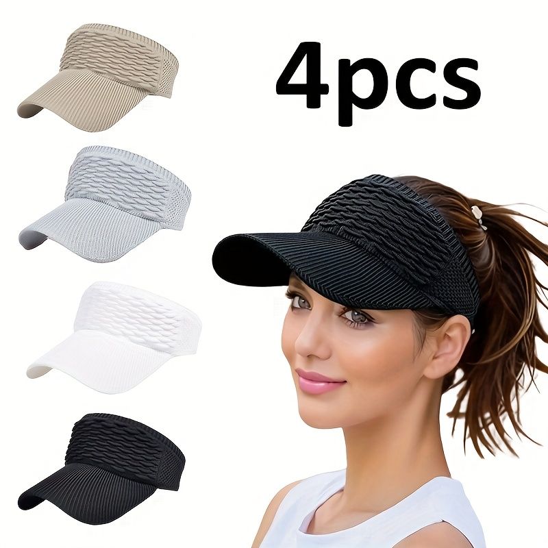 4pcs Women's Summer Sunshade Hat Set - Solid Color Polyester Fiber, Outdoor Women's Running Sunshade Hat, Available in Multiple Colors (Black, White, Khaki
