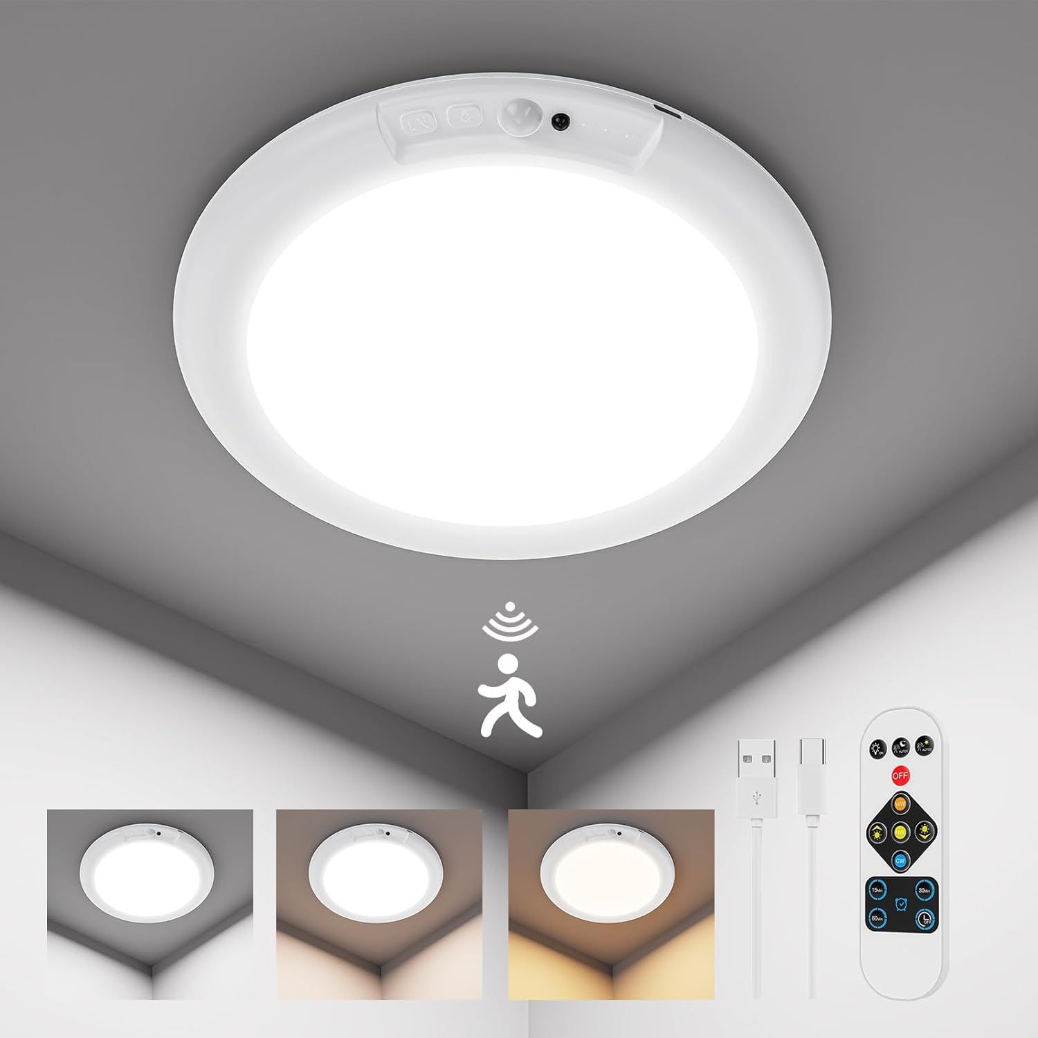 Rechargeable Motion Sensor Ceiling Light with Remote, Battery Ceiling Light Wireless, 3 Colors Dimmable Indoor Overhead LED Lights for Closet Shower Pantry