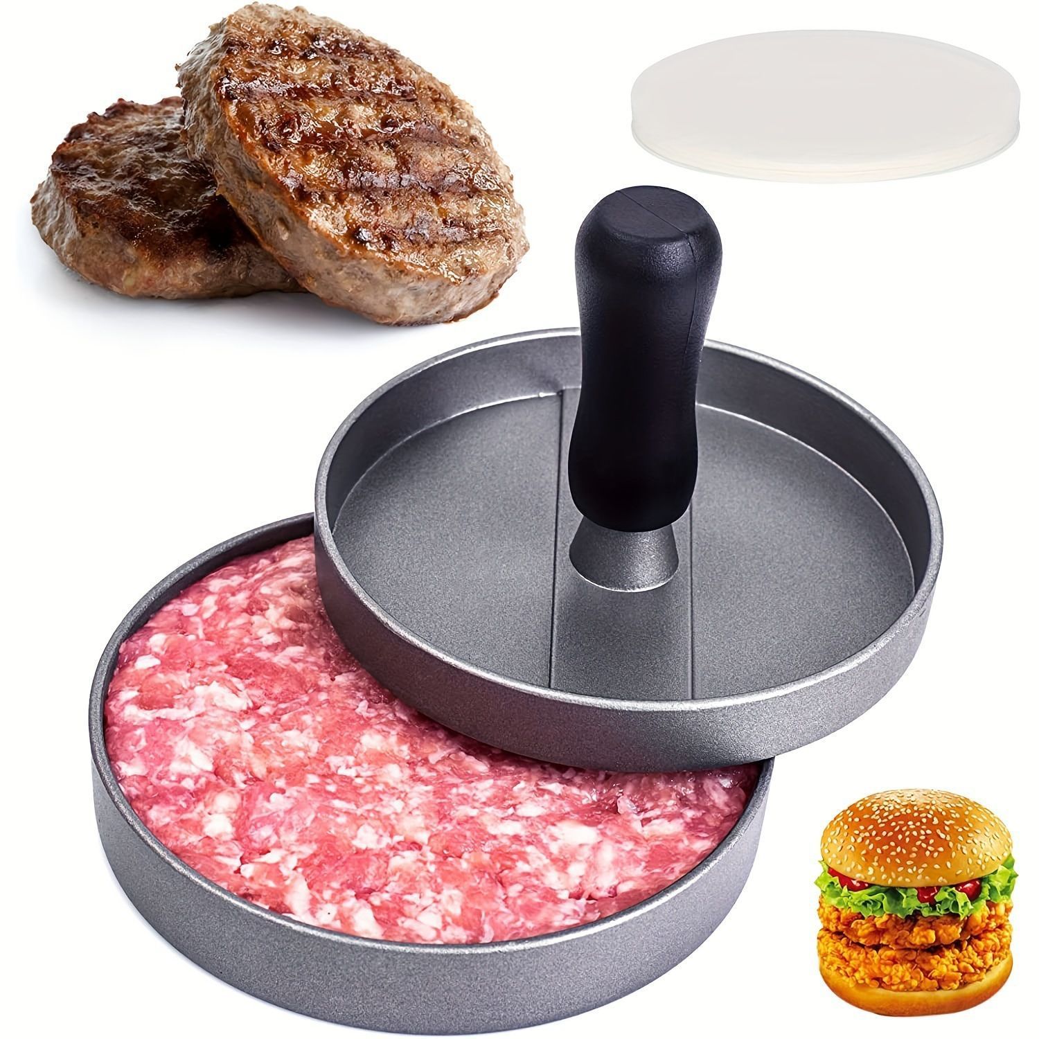 Hamburger Press Patty Maker Aluminum Non-Stick Burger Press with Wax Paper Plastic Gloves and Spatula, 4.5 in Diameter — image 2