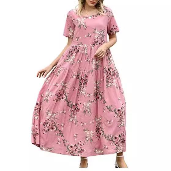 Women Floral Long Dress Short Sleeve Polyester Picture Color 5 Size: S; Height (cm): 155-160; Weight (kg): 45-50; Bust (cm): 82-86; Waist (cm): 66-70; Shoulder โ image 6