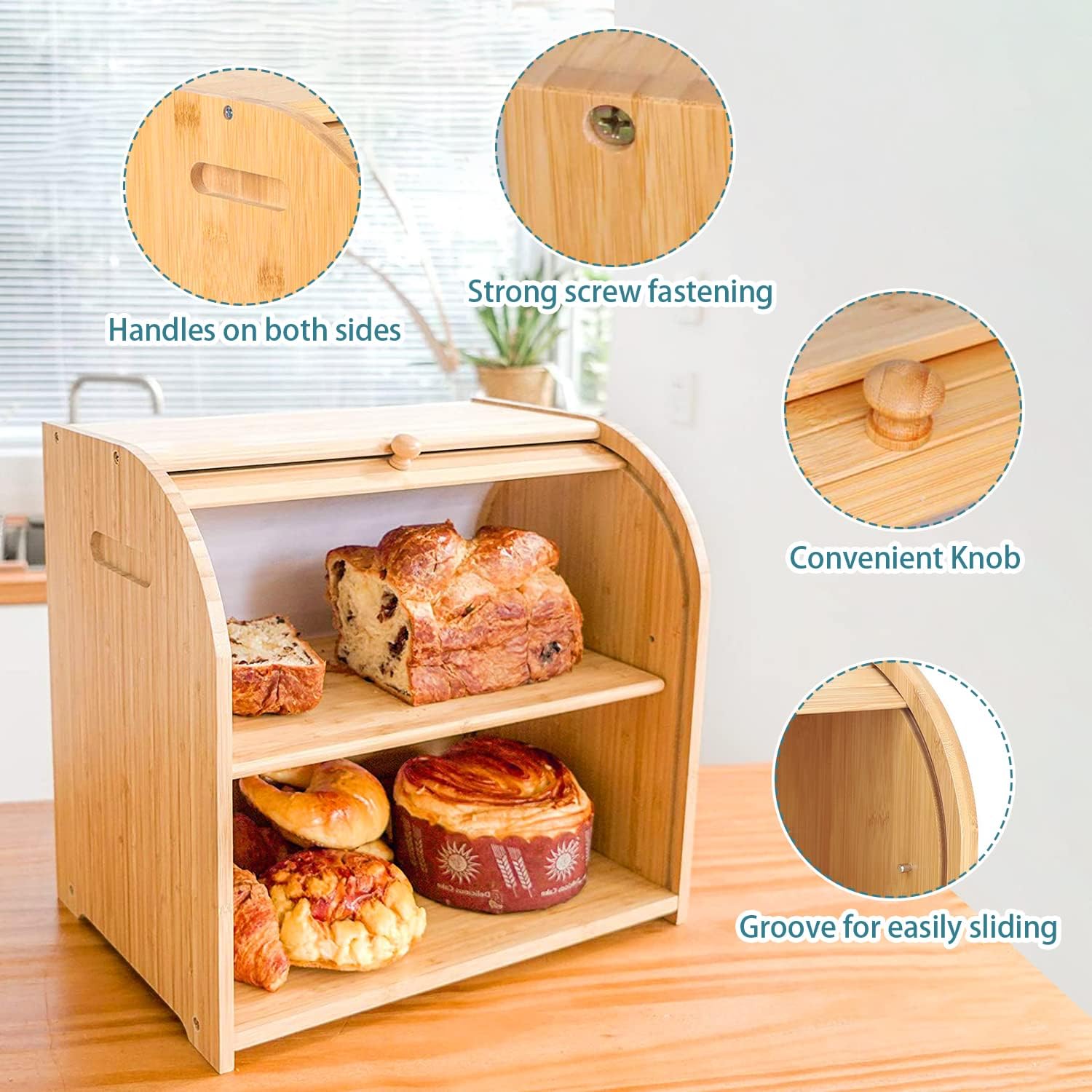 CARLA HOME Large Bamboo Bread Box Storage Organizer with Roll Top for Kitchen Counter — image 5