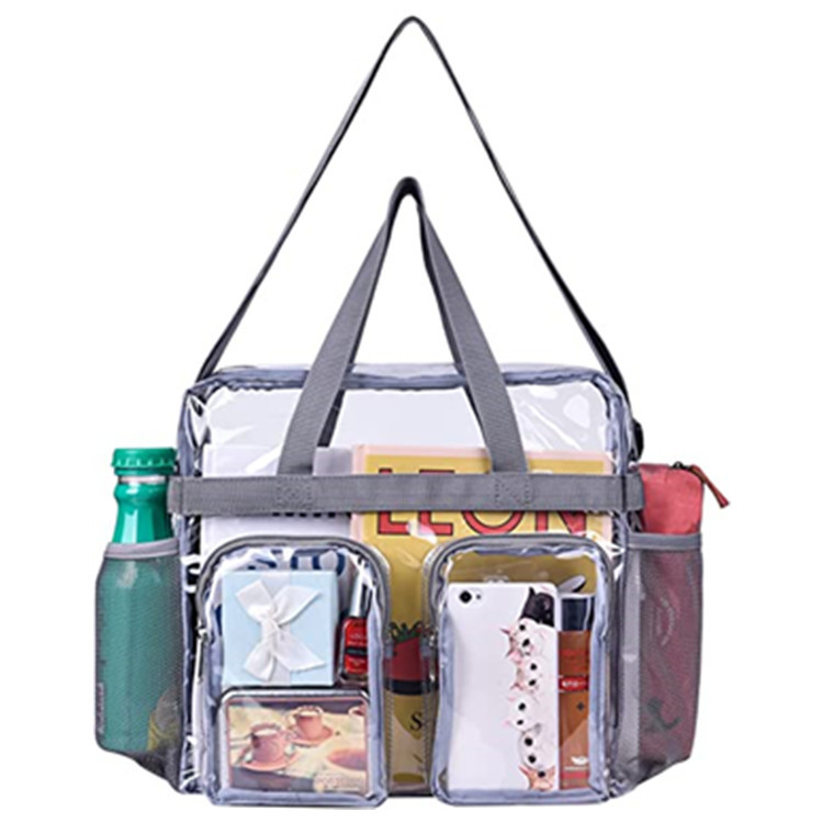 Grey Clear Multi-Pocket Tote Bag – Waterproof & Organized Carryall with Front Zipper Pockets and Adjustable Strap
