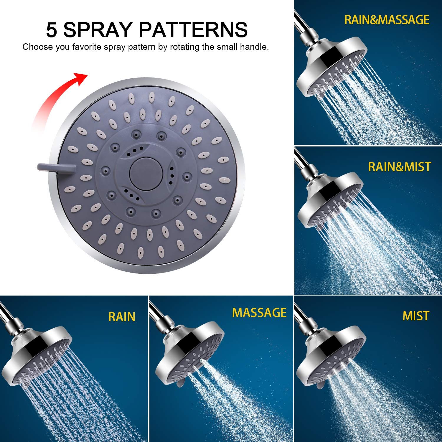 Shower Head and 15 Stage Shower Filter Combo, High Pressure 5 Spray Settings Filtered Showerhead with Water Softener Filter — image 2