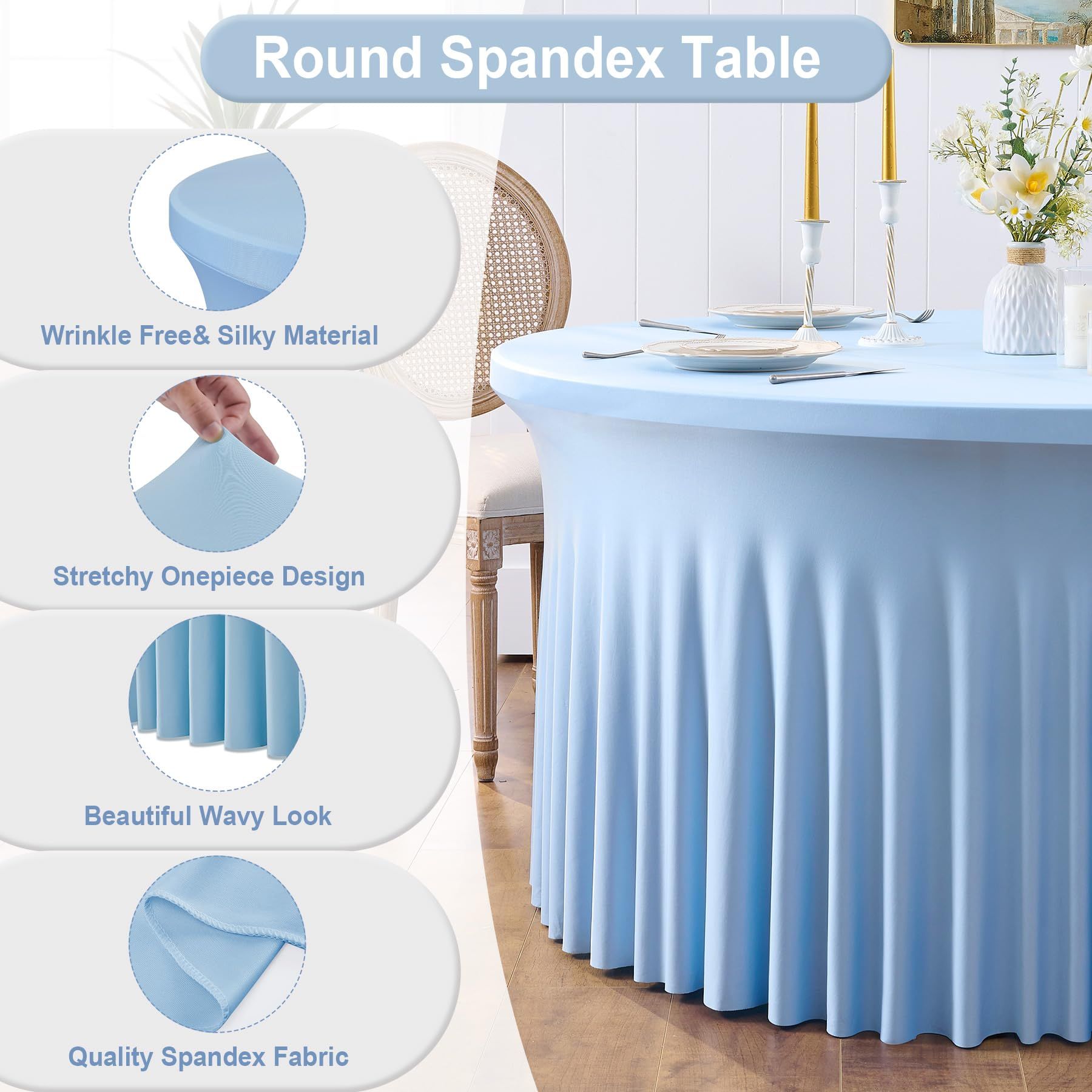 2 Pack Baby Blue Spandex Round Table Cloth for 72 in Tables, Stretchy Fitted 6FT Tablecloths for Wedding Party โ image 2