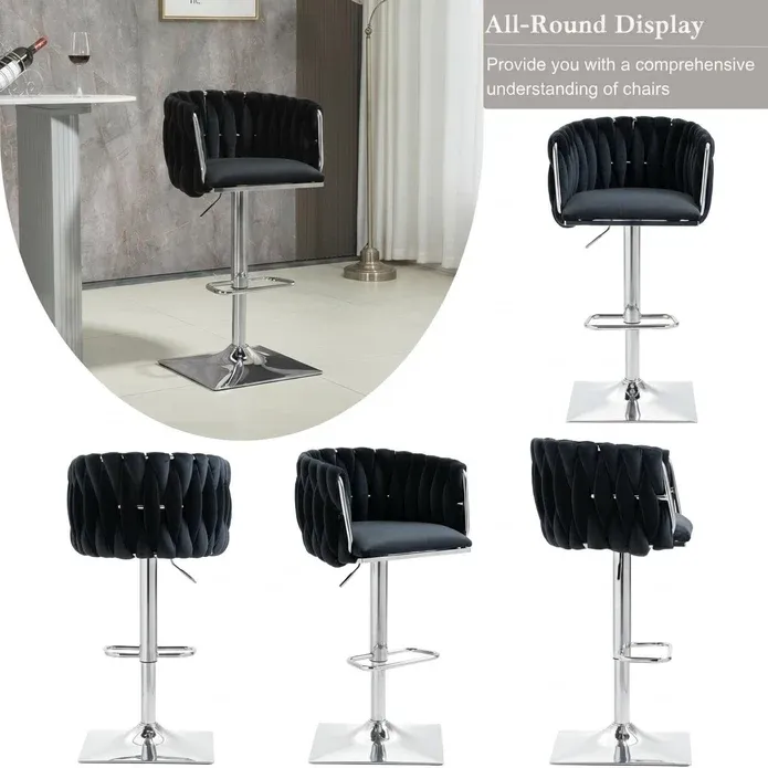 SERENITà Modern Velvet Breakfast Bar Stools Swivel Barstools Adjustable Counter Stools with Backrest (Silver-Black) — image 2