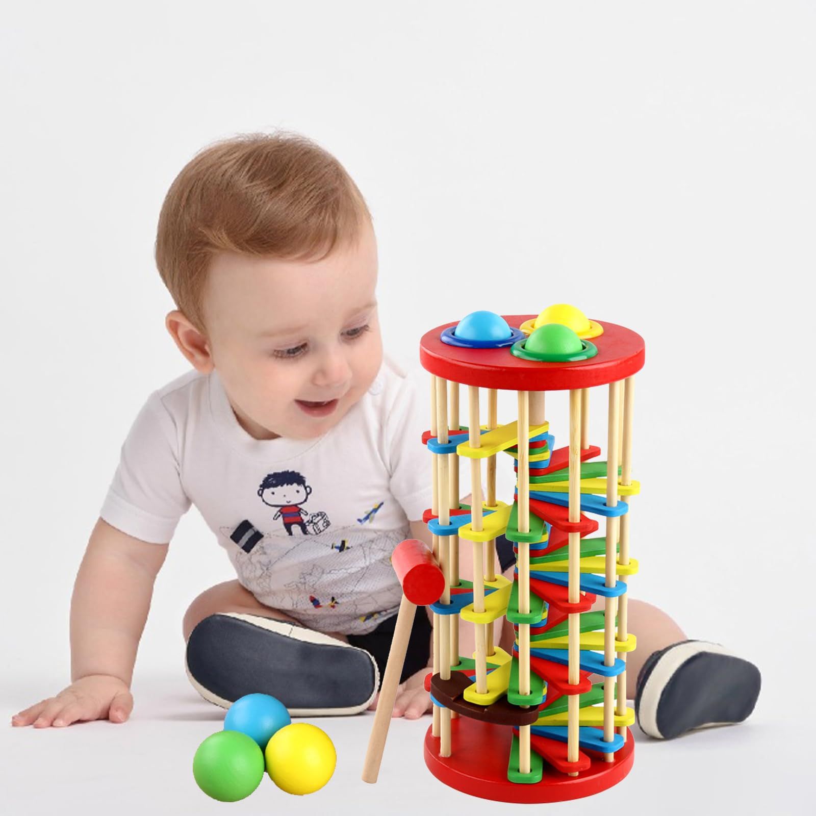 Wooden Ball Drop Toy Kids Pounding Bench Hammer Pound Roll Ramp Toys Children Educational Montessori Gift for Kids Babies โ image 2