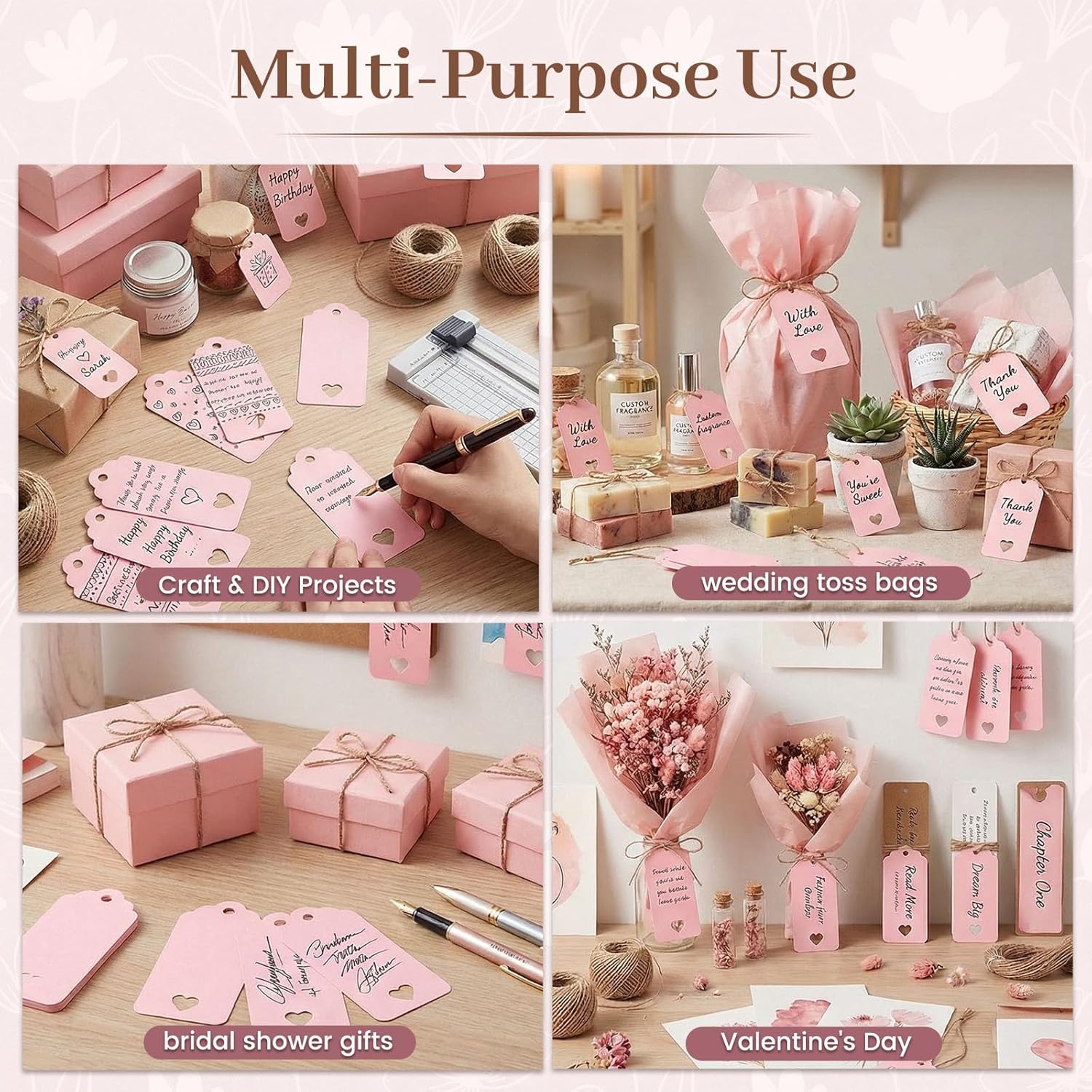 80PCS Gift Tags with String Attached, 3.5 × 1.5 Inches Pink Heart Gift Tags with String for Wedding, DIY Crafts — image 2