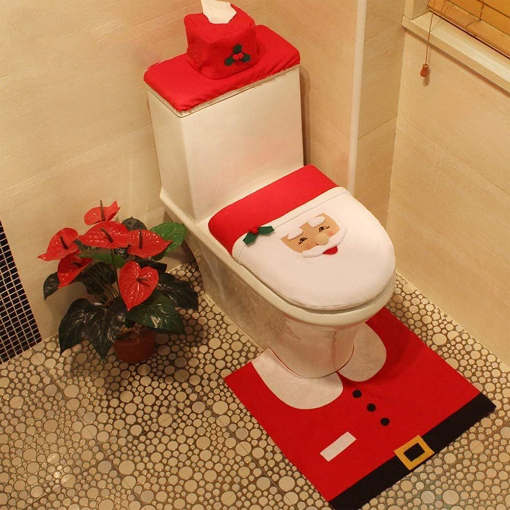 3 Pieces Christmas Theme Xmas Santa Bathroom Decoration Set w/Toilet Seat Cover, Rugs and Tank Cover for Christmas Home Decorations Bathroom Decor Party Favors โ image 2