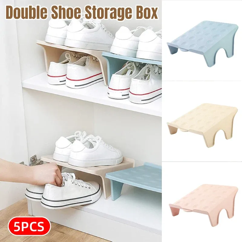 5pcs Double Layer Shoe Rack Simple Storage Organizer Space Saving Shoe Holder - Pink — image 2