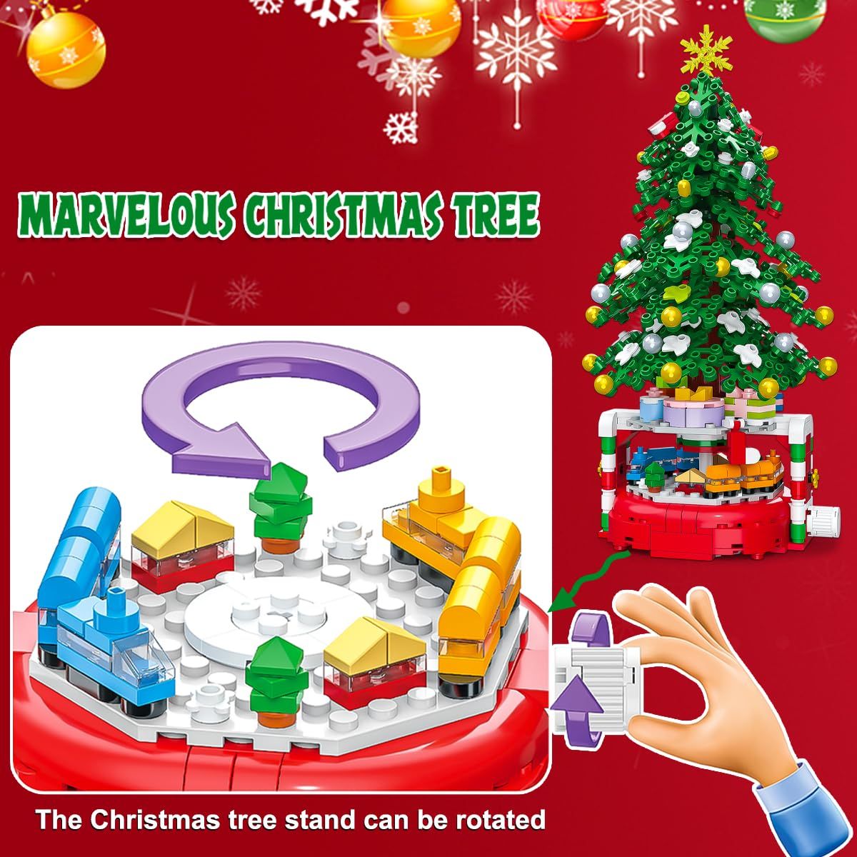 Christmas Tree Building Block Set, 220 Pieces, Rotating Base with Ornaments and Star, Holiday Building Toy, Stocking Stuffers for Kids, Gifts for Boys & — image 5