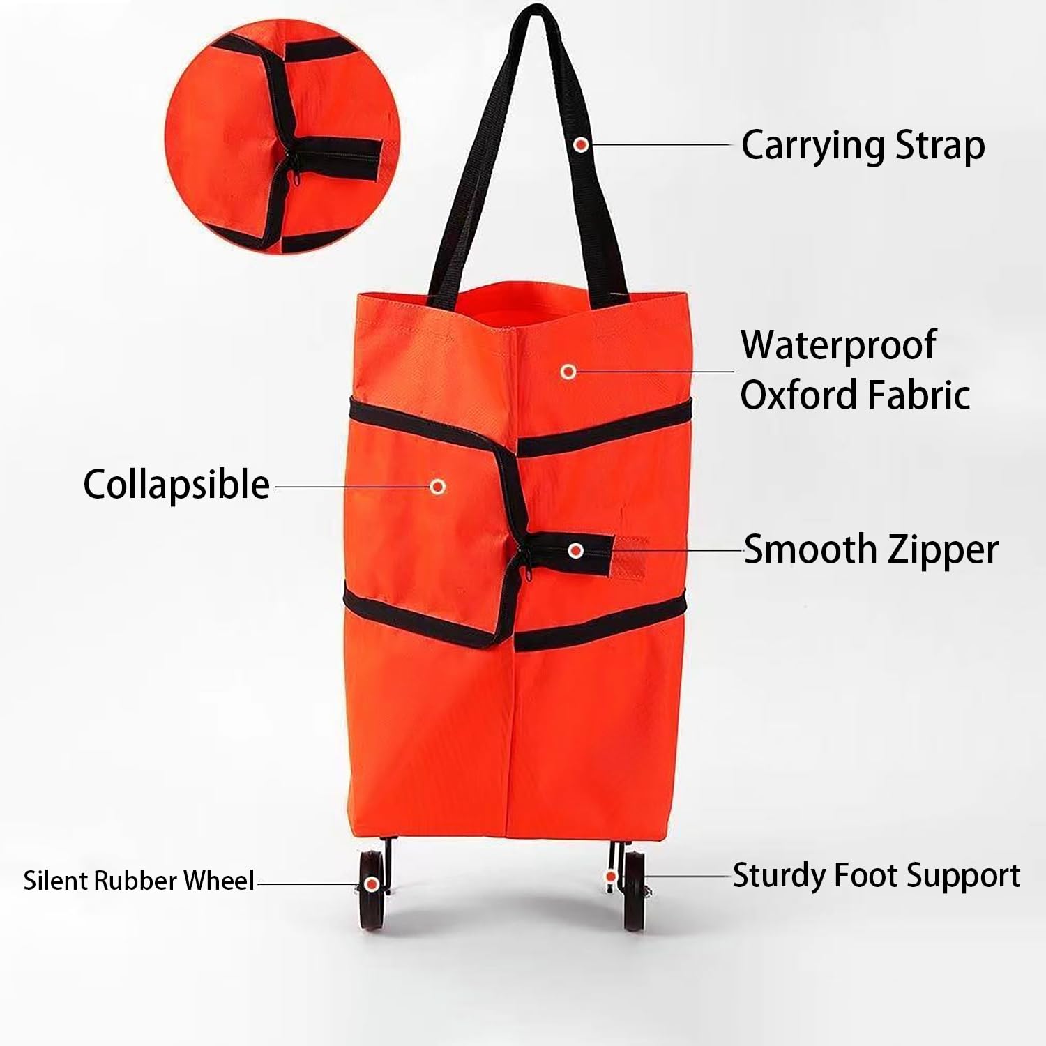 2-in-1 Collapsible Shopping Trolley with Wheels – Foldable Grocery Cart, Reusable Waterproof Oxford Bag for Supermarket, Picnic & Travel (Red) — image 3