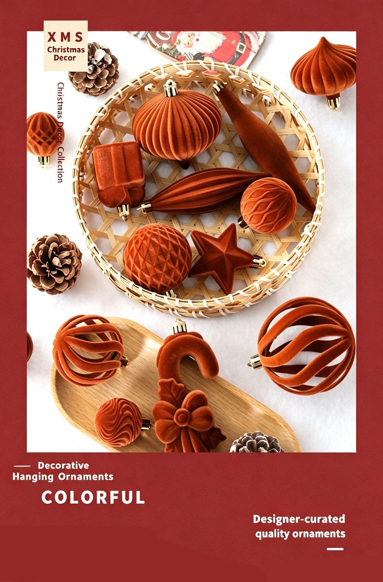 Flocked Irregular Christmas Bauble Ornaments, Minimalist Ins Xmas Tree Hanging Decor, Camel Tone 28 Pack Gift Box — image 2