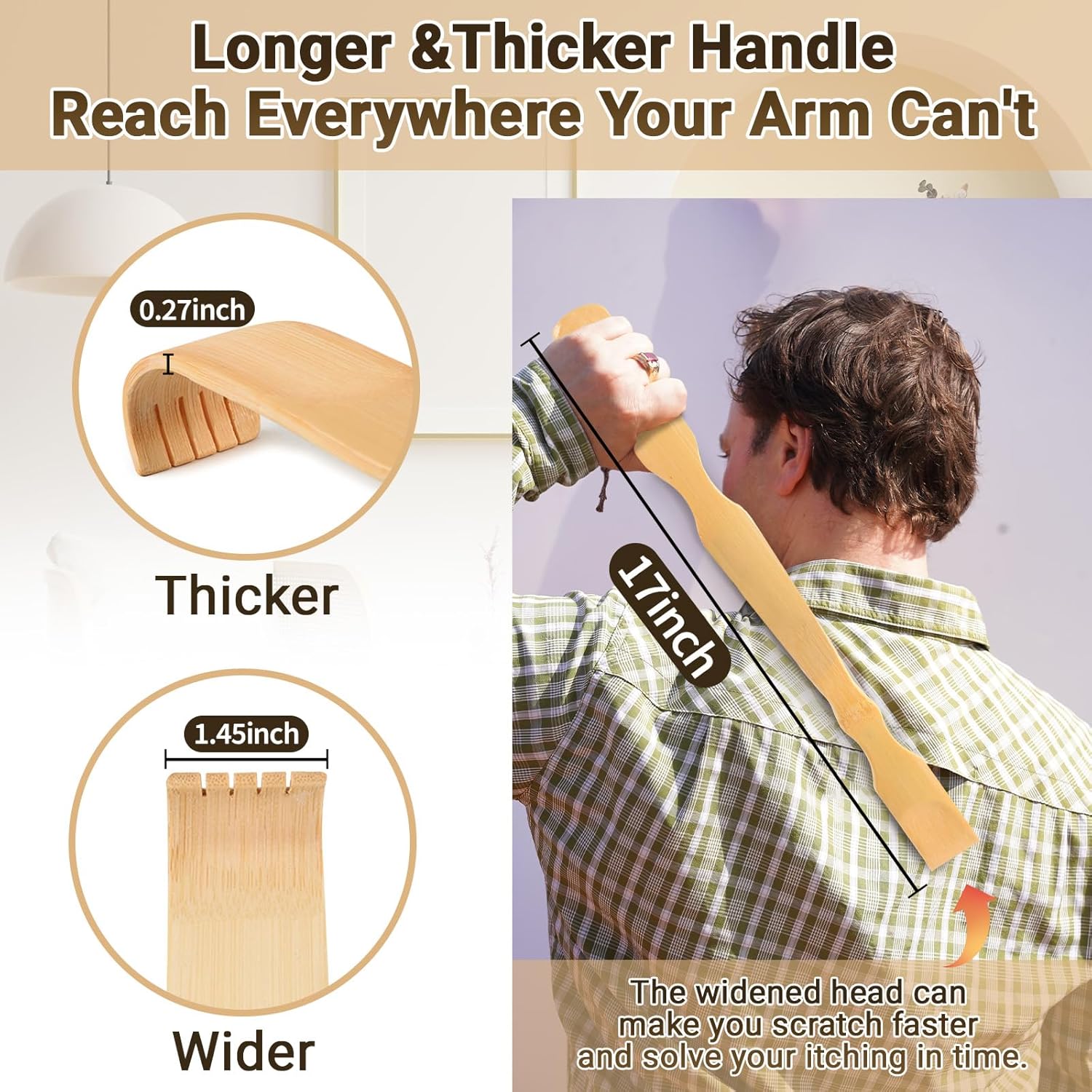 Wooden Bamboo Back Scratcher, 17" Natural Handmade Back Scratchers for Men and Women, New Upgraded Long Handle Back Massager, Relaxation Gifts for Mom and Dad — image 2