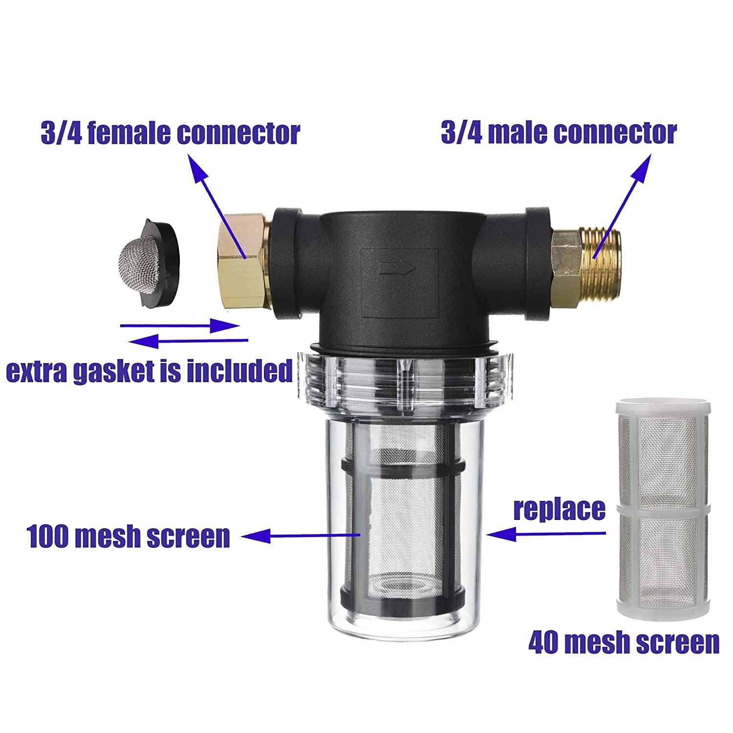 Garden Hose Filter for Pressure Washer Inlet Water, Inline Filter for Sediment, 40 Mesh Screen, Extra 100 Mesh — image 2