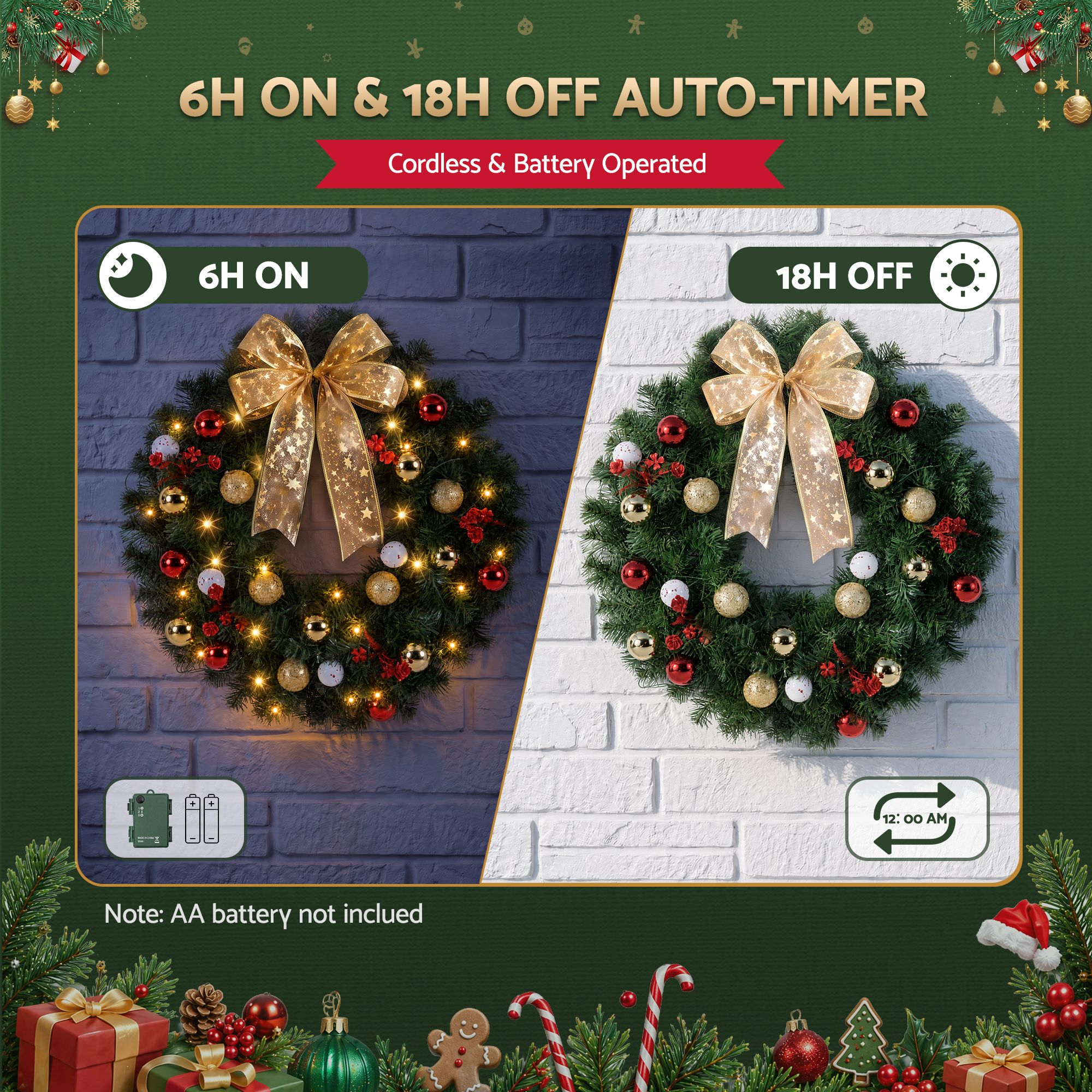 Jingle Jollys Christmas Wreath 60CM LED Garland Berries Bow Baubles Xmas Decor — image 6