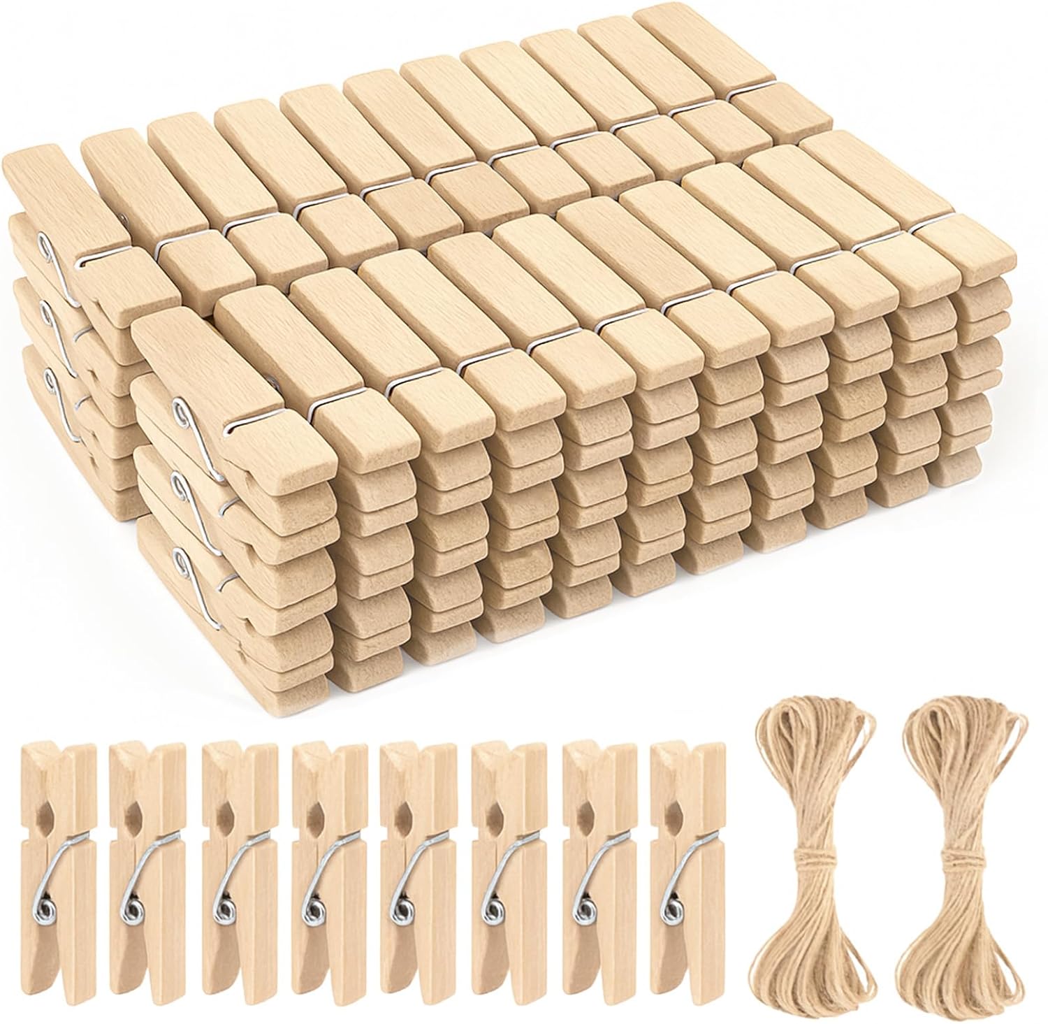 Mini Clothespins Wooden - Small Clothes Pins for Crafts 1.4 Inch,50 Pcs Natural Clothespins Clips with Jute String for Hanging Pictures,Photo Displays,Baby