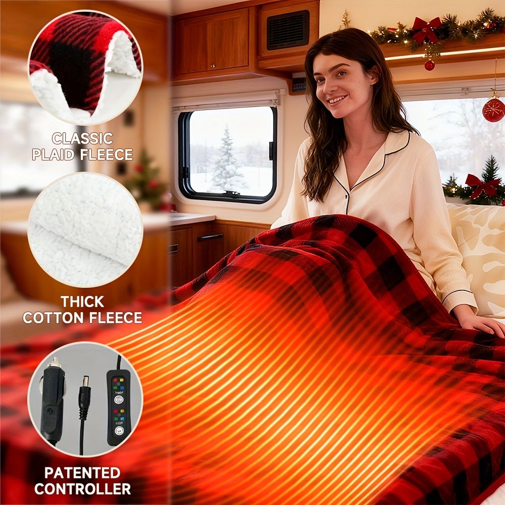 12V Car Electric Blanket for Cozy Winter Travel – Soft Fleece Heating Throw for Cars, Trucks, RVs, and Camping – Dual-Color Plaid Design with Warm Sherpa — image 5