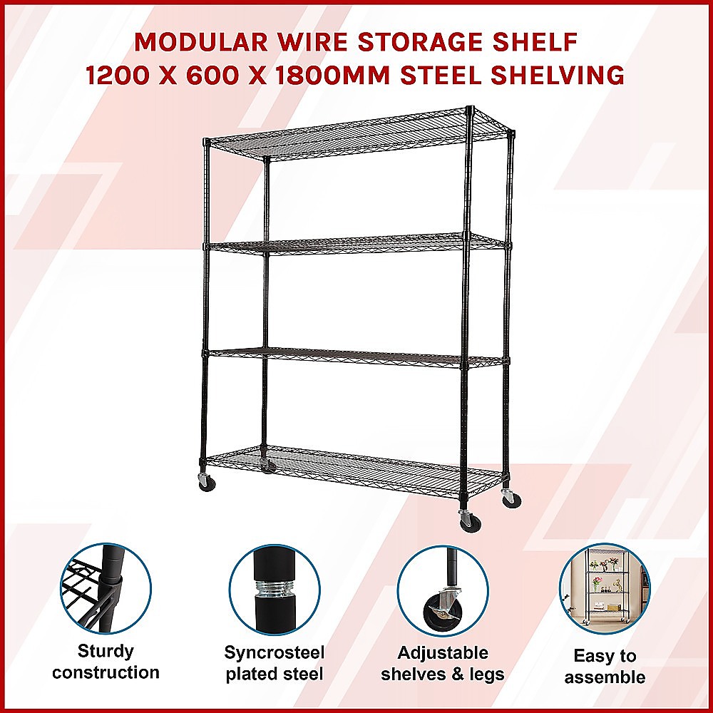 Modular Wire Storage 120x60cm Steel Shelving Black With Wheels For Garage Warehouse Or Kitchen Organisation โ image 3
