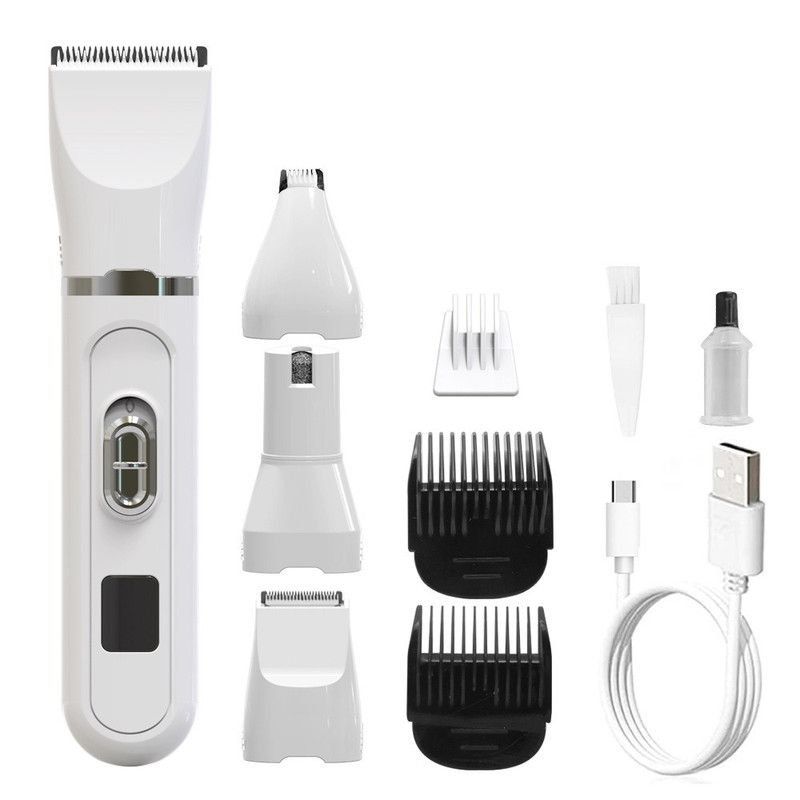 4-in-1 Pet Electric Clipper, Cat and Dog Hair Trimmer and Nail Grinder, Pet Grooming Supplies - White