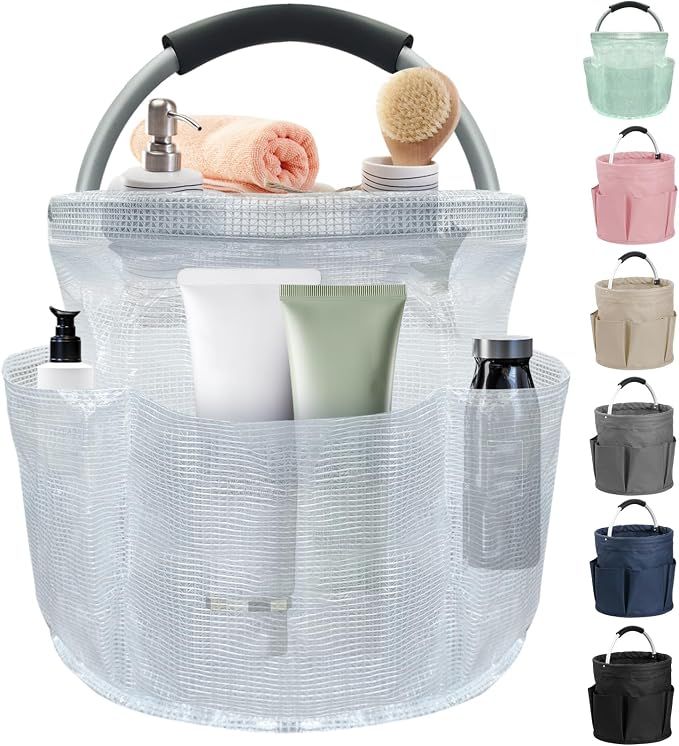 17L Portable Shower Caddy with Handle, Foldable Cleaning Supply Caddy in PVC Resin, Picnic Basket with 6 Side Pockets, Multifunctional Storage Basket for
