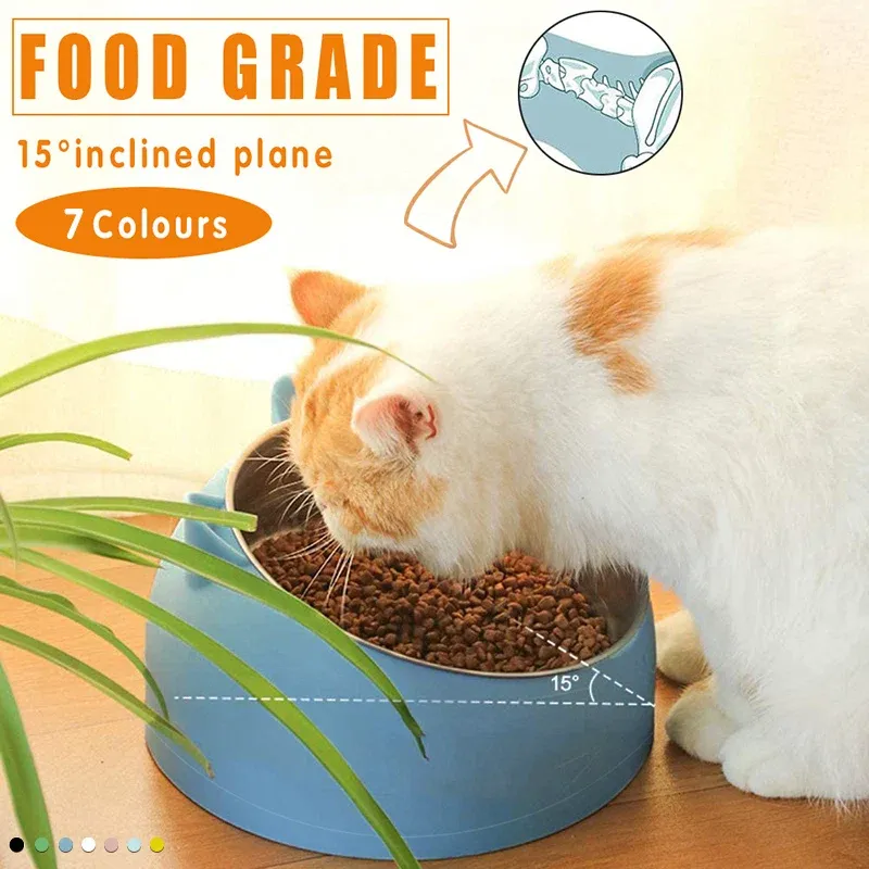 Pet Dog Cat Food Bowl Raised No Slip Stainless Steel Tilted Water Food Feeder - White โ image 2
