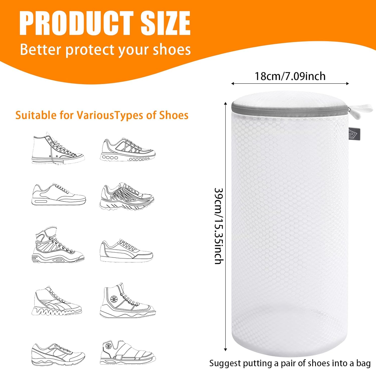 Kimmama Shoe Washing Machine Bag, Shoe Bag for Washing Machine, Mesh Laundry Bags for Sneakers, Footwear, Trainers, Slippers, Honeycomb Net, Grey Zipper, 7 × — image 2