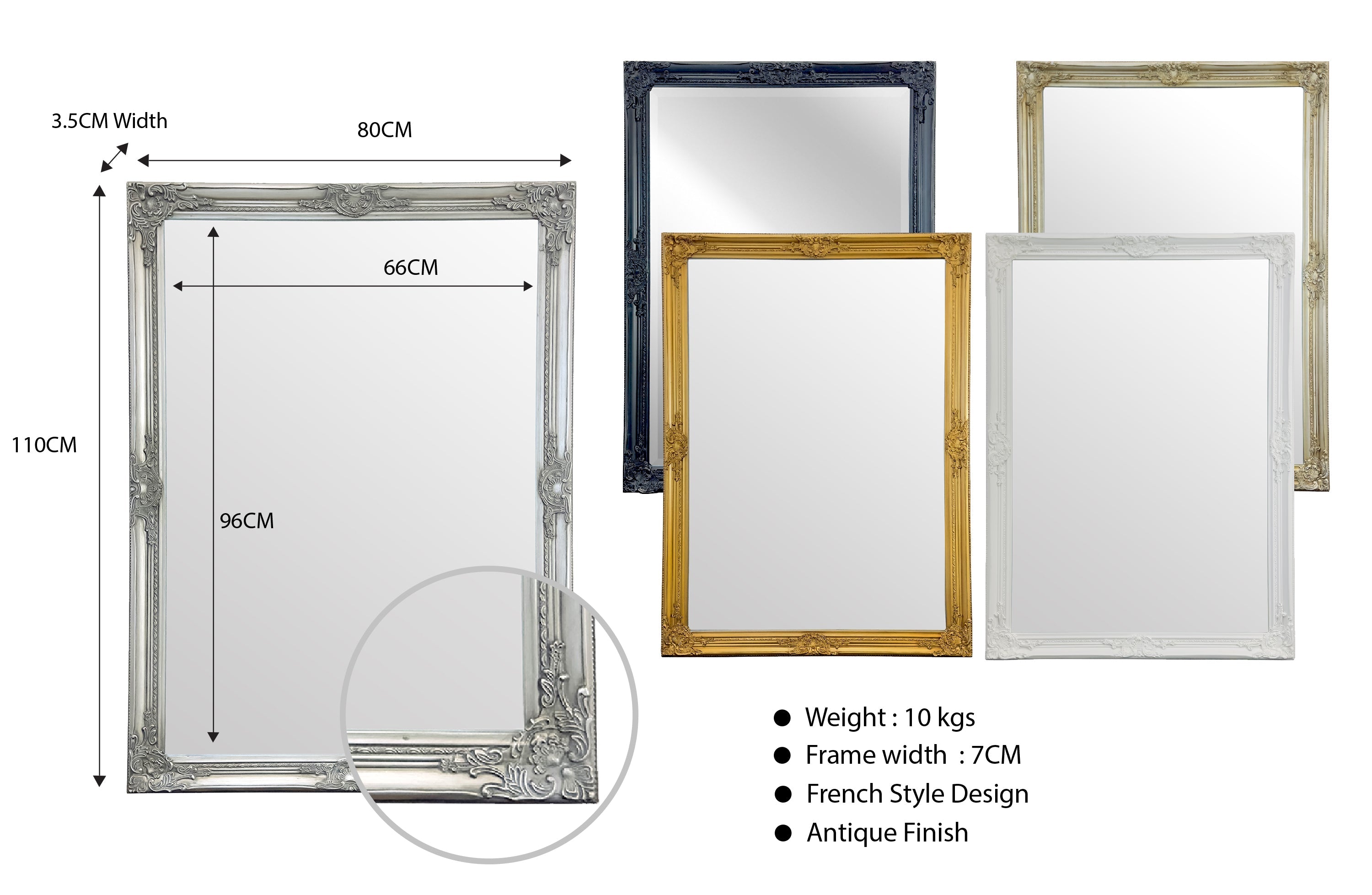 French Provincial Ornate Mirror - Antique Silver - Small 80cm x 110cm โ image 5