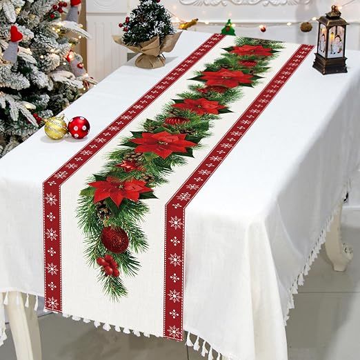 Set of 2 rustic-style red Christmas table runners featuring snowflake and poinsettia patterns, measuring 33 x 183 cm — image 3