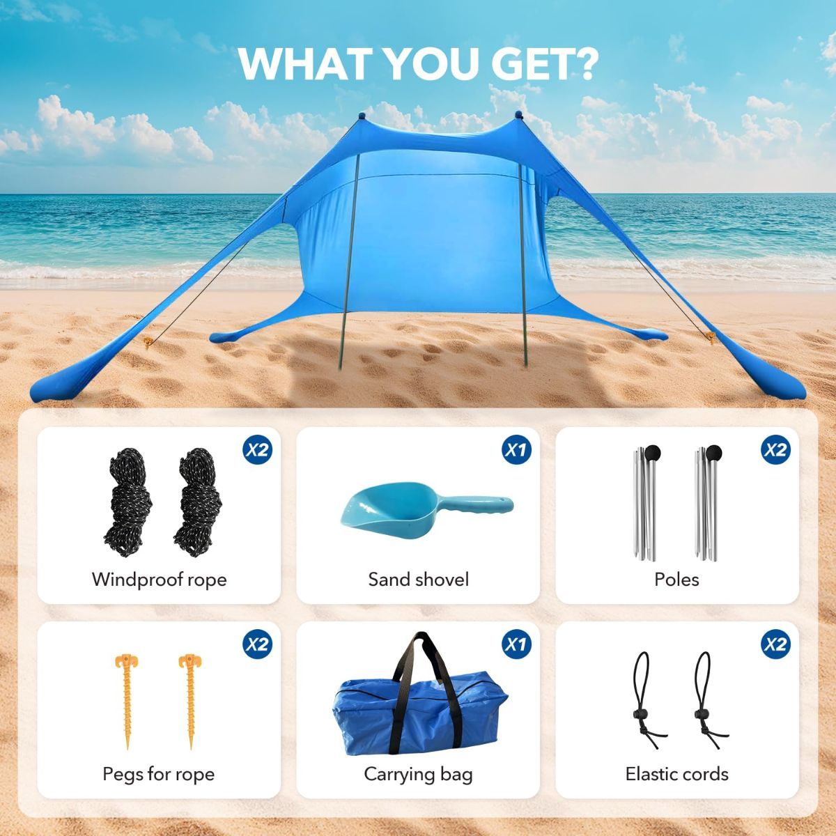 2 Poles Beach Tent Shade Canopy with UPF50+ Protection Sun Shelter Portable Camping Tents with Sandbags Poles and Ground Pegs and Anti-Wind Ropes — image 3